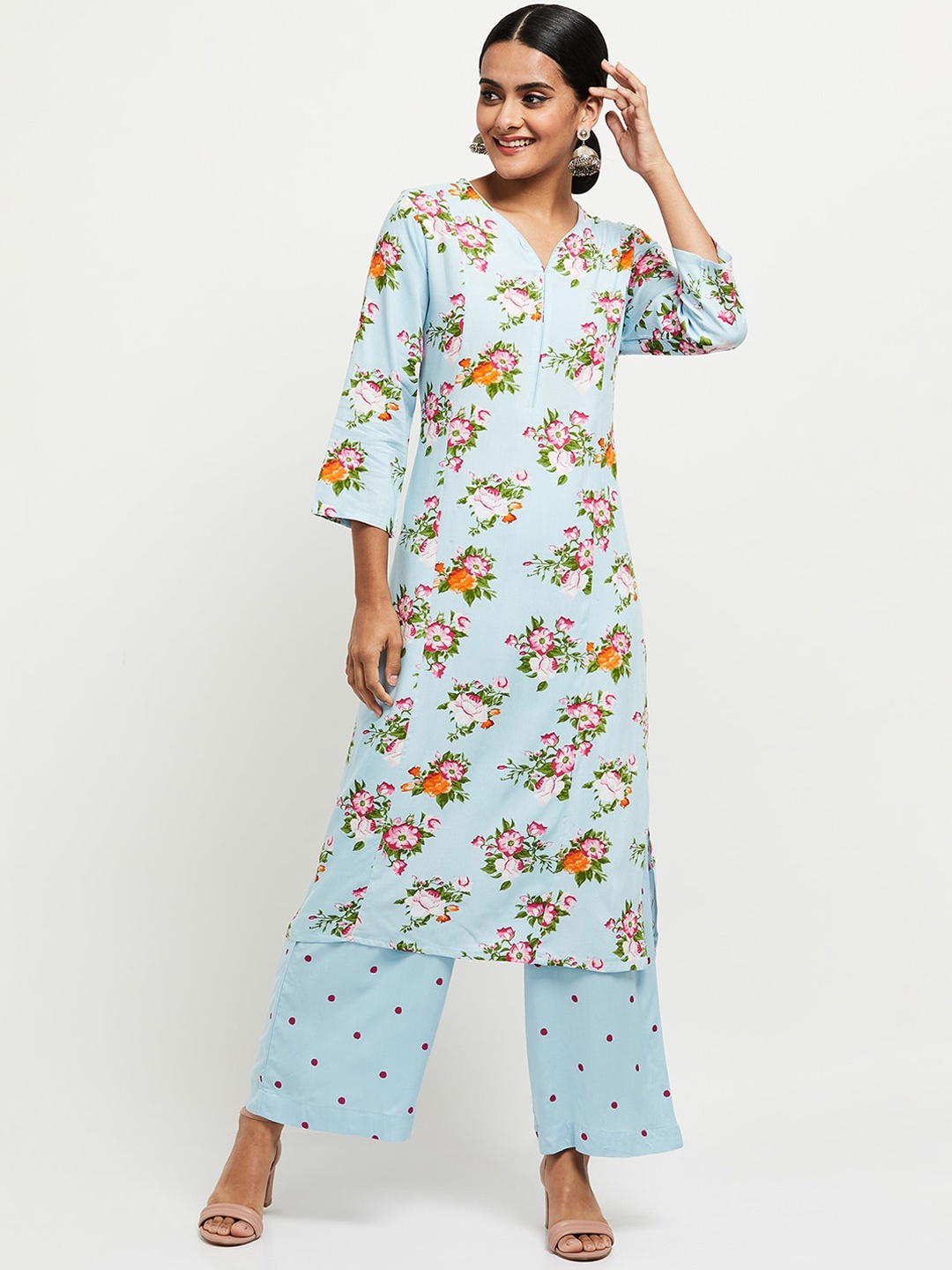 

max Women Blue Floral Printed Kurta with Palazzos
