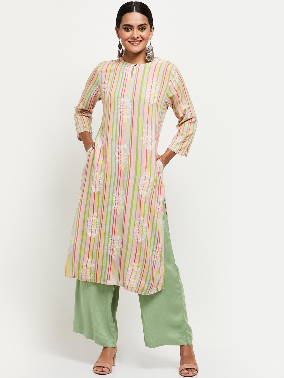 

max Women Green & Pink Striped Kurta with Palazzos