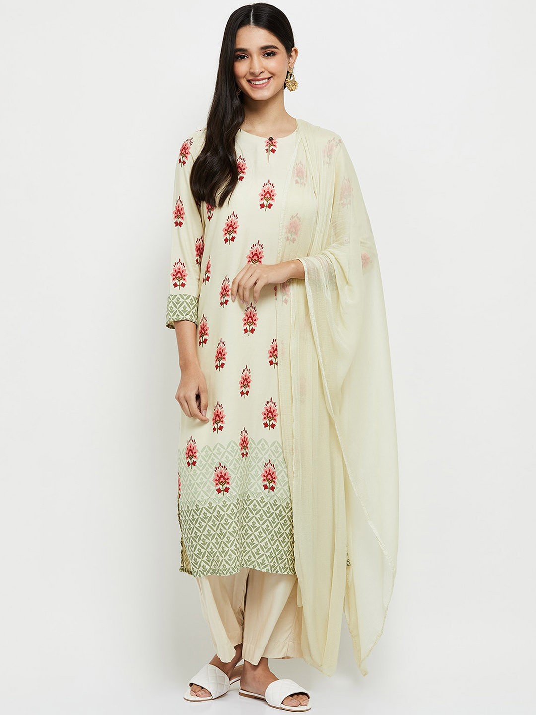 

max Cream-Coloured Printed Regular Kurta with Trousers & With Dupatta, Grey