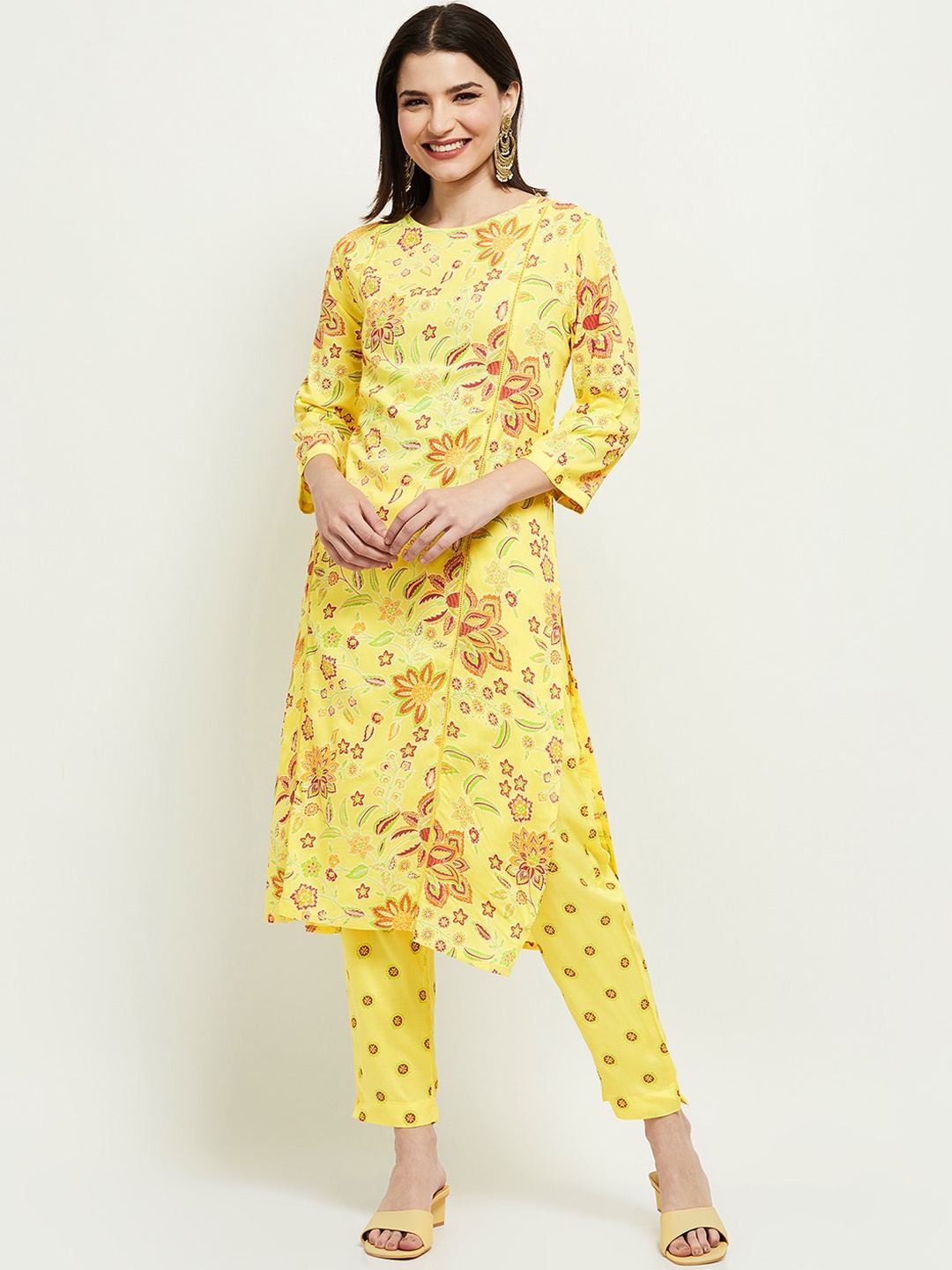 

max Women Yellow Floral A-line Kurta with Trousers