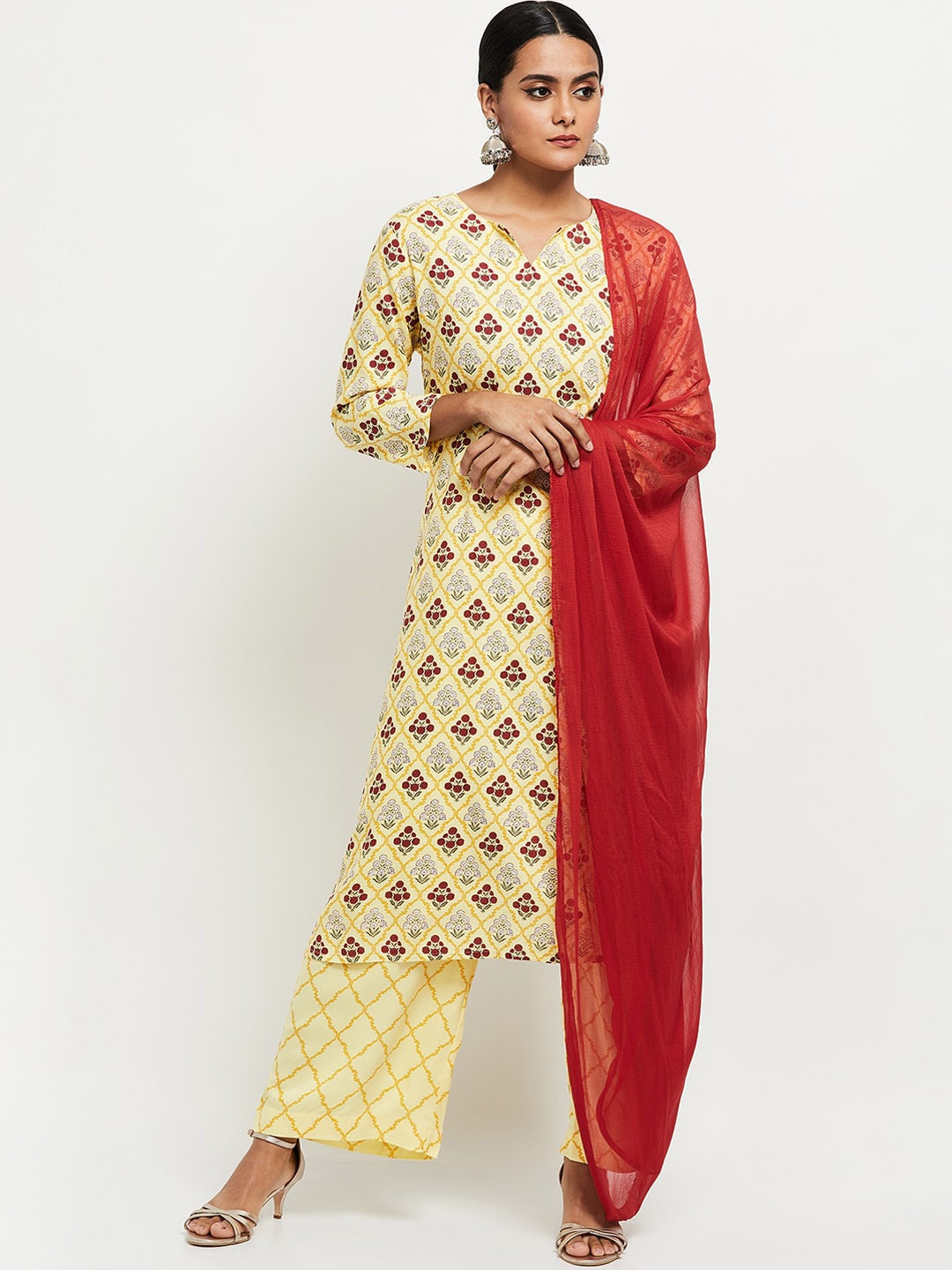 

max Women Beige Ethnic Motifs Printed Pleated Pure Cotton Kurta with Palazzos With Dupatta