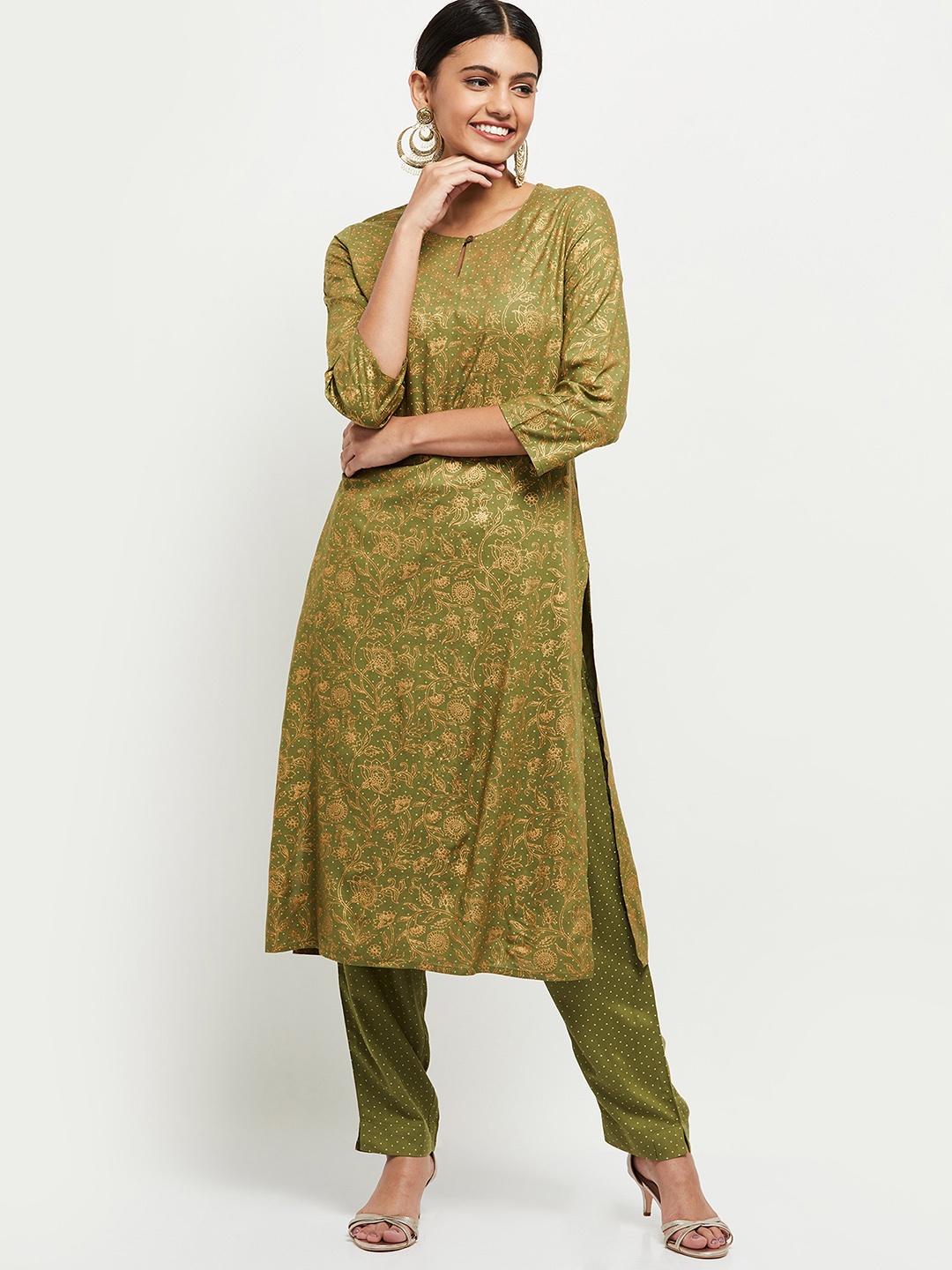 

max Women Grey Ethnic Motifs Printed Pure Cotton Kurti with Trousers