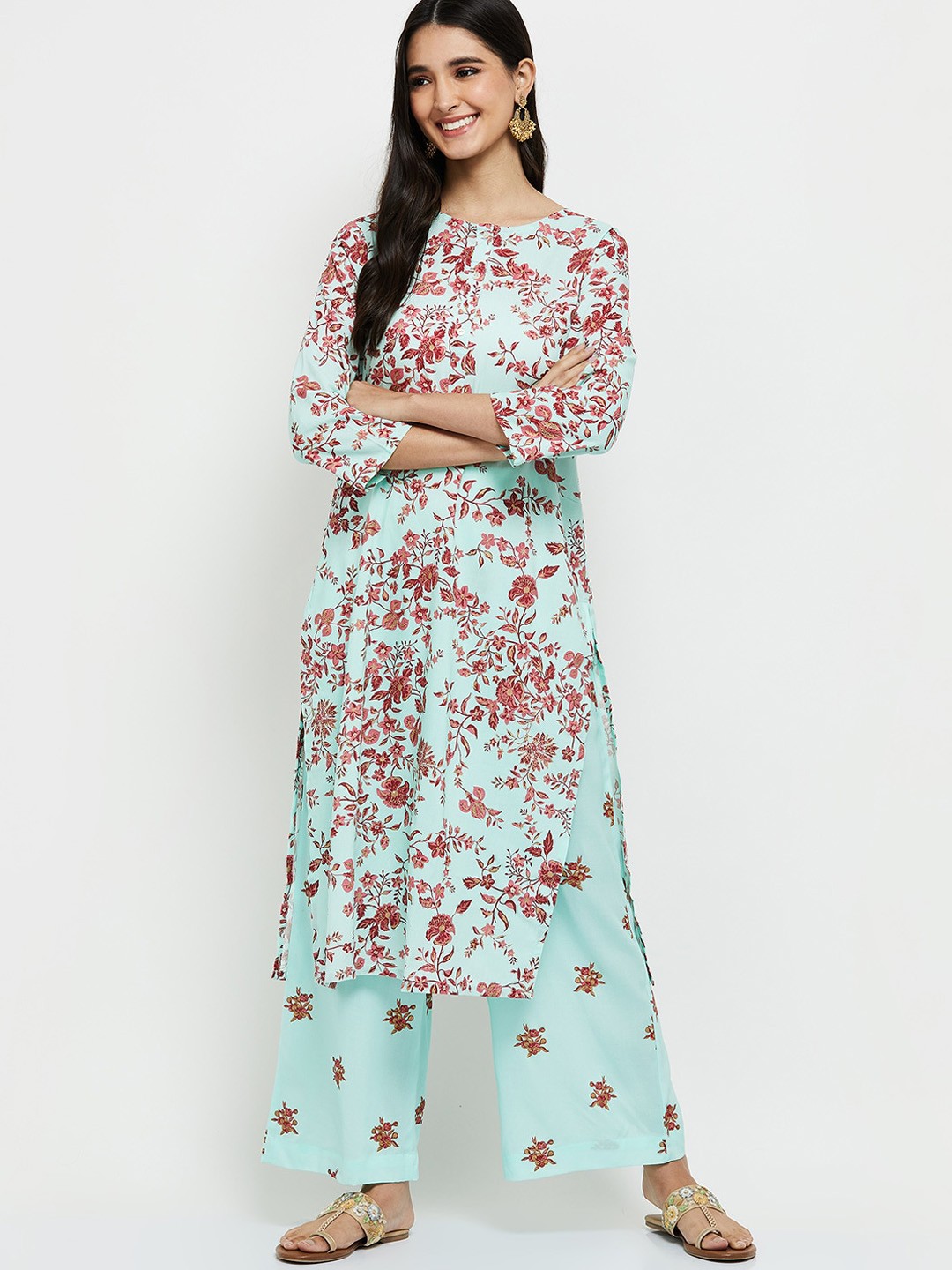 

max Women Green Floral Printed Straight Kurta with Palazzos