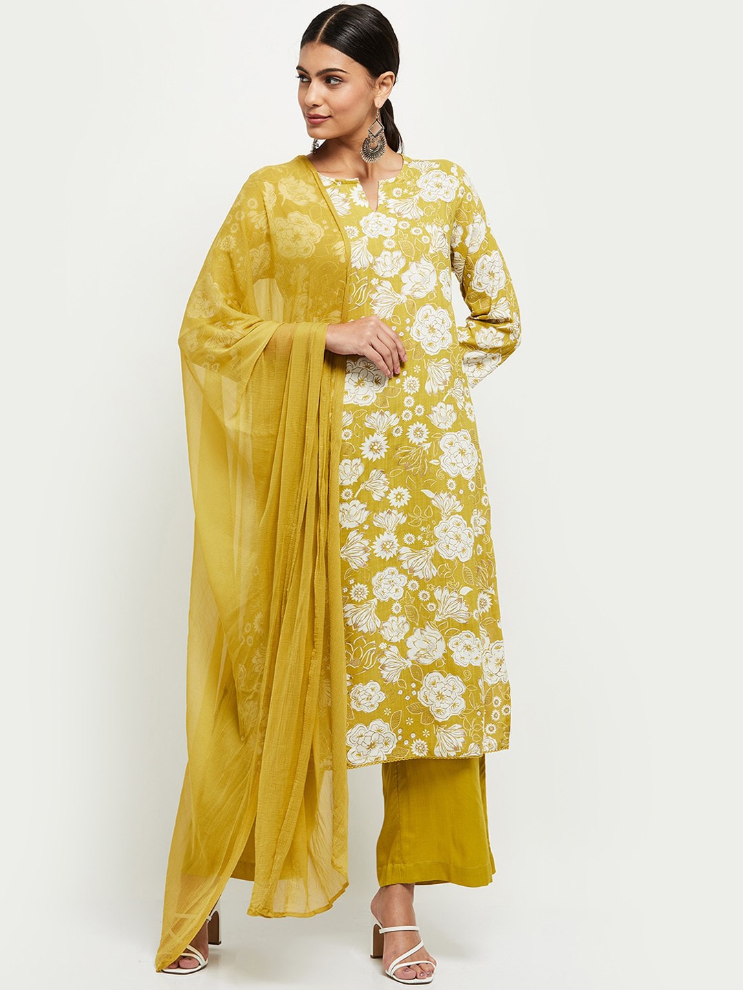

max Women Mustard Yellow Floral Printed Regular Kurta with Palazzos & With Dupatta