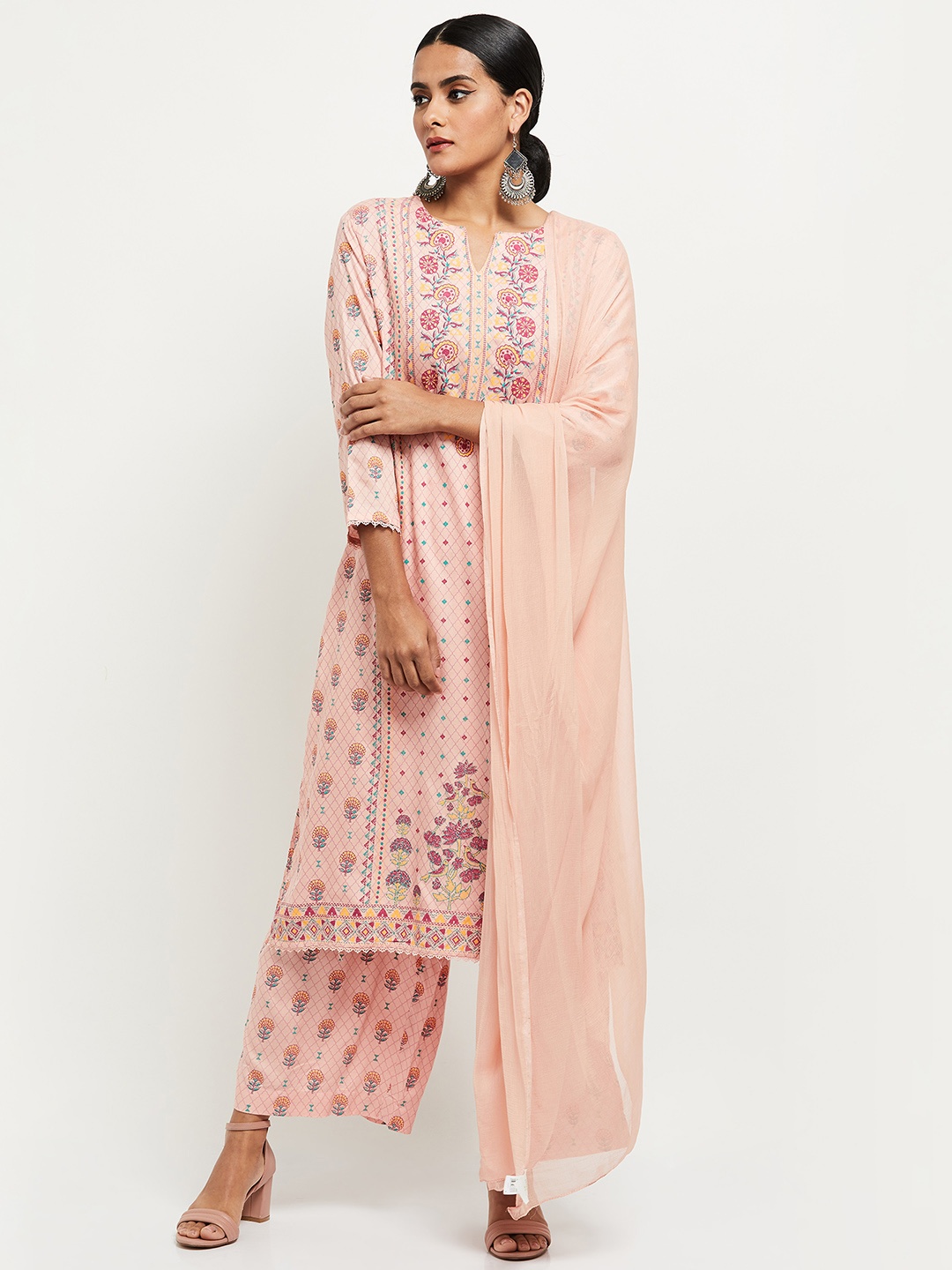 

max Women Peach-Coloured Floral Printed Kurta with Palazzos & With Dupatta