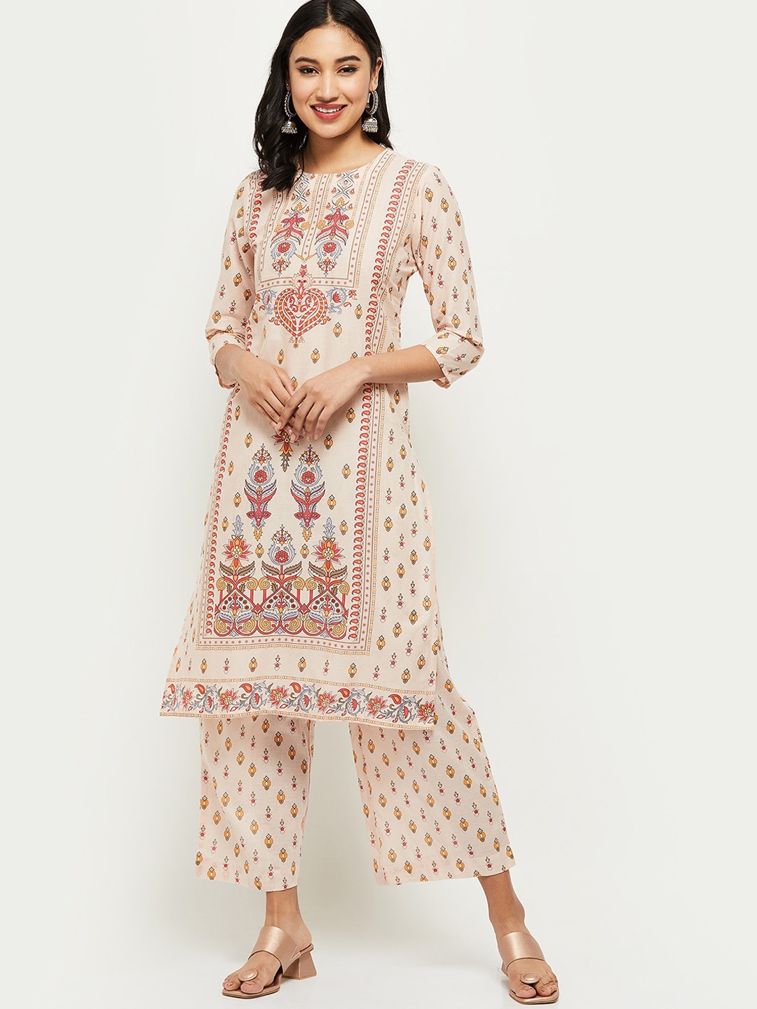 

max Beige Floral Printed Pure Cotton Kurta with Trousers