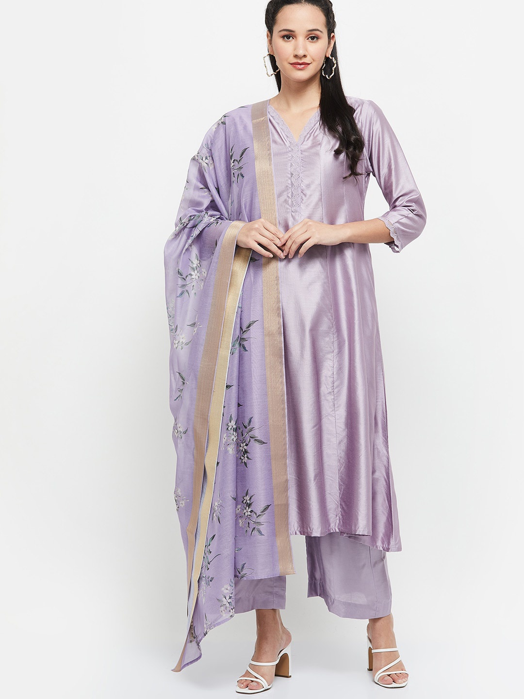 

max Women Purple Floral Panelled Kurta with Palazzos & Dupatta