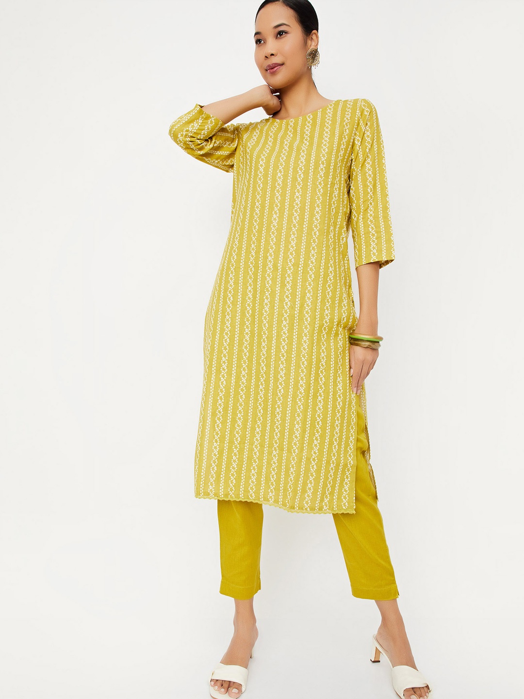 

max Women Yellow Striped Pure Cotton Kurta with Trousers
