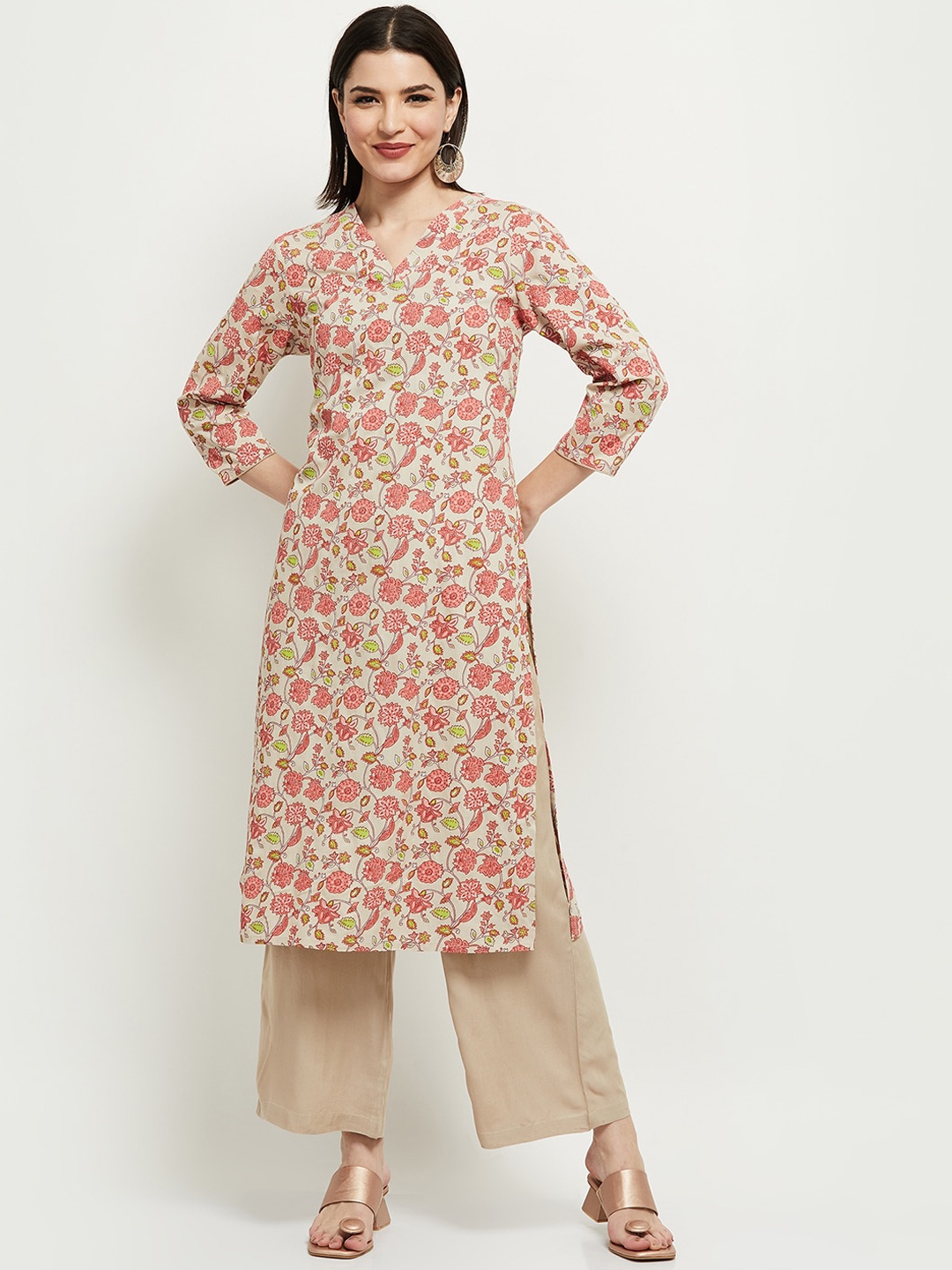 

max Women Beige Floral Printed Kurta with Palazzos