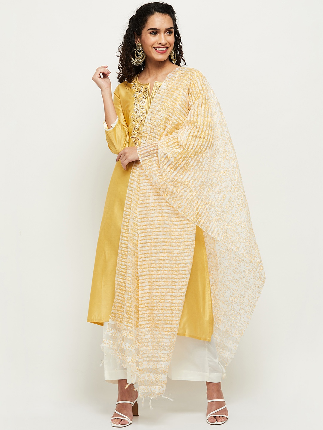 

max Women Yellow & White Yoke Design Thread Work Kurta with Palazzos & Dupatta