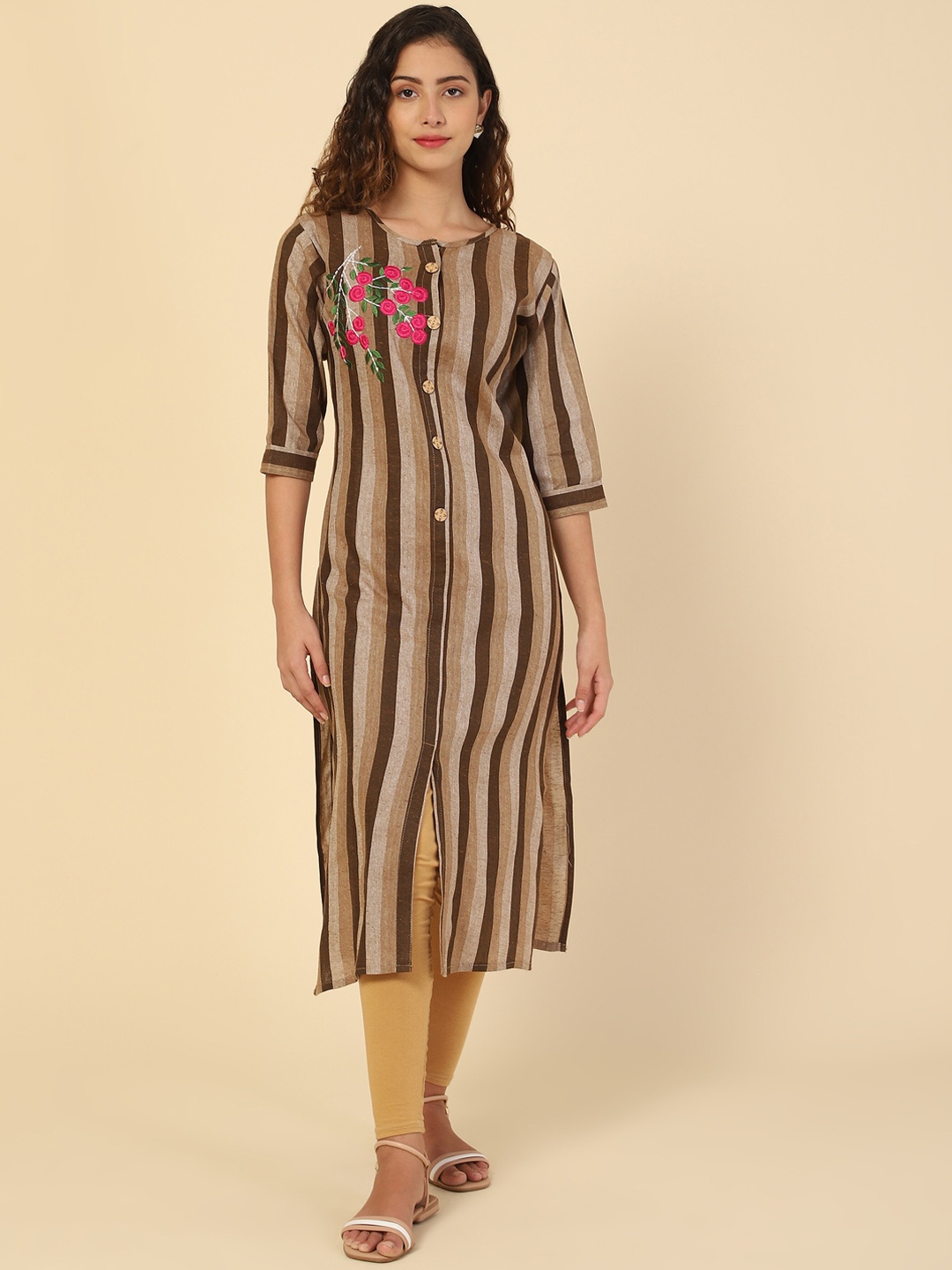 

VAIRAGEE Women Camel Brown Striped Kurta