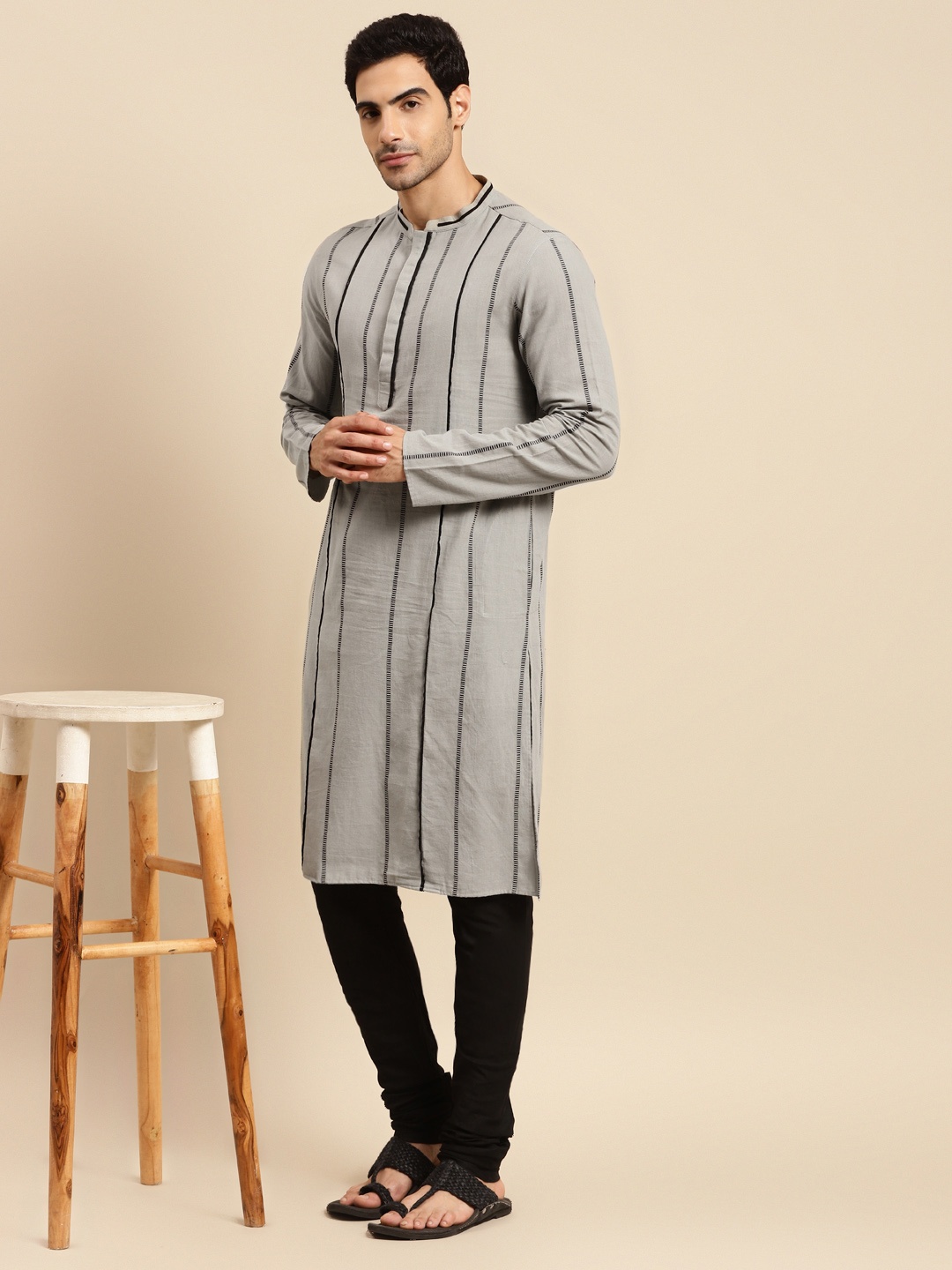 

KISAH Men Grey & Black Striped Kurta with Churidar