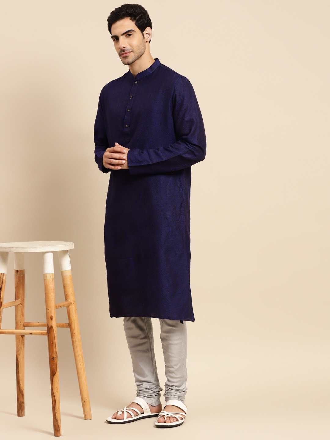 

KISAH Men Navy Blue & Grey Woven Design Kurta with Churidar