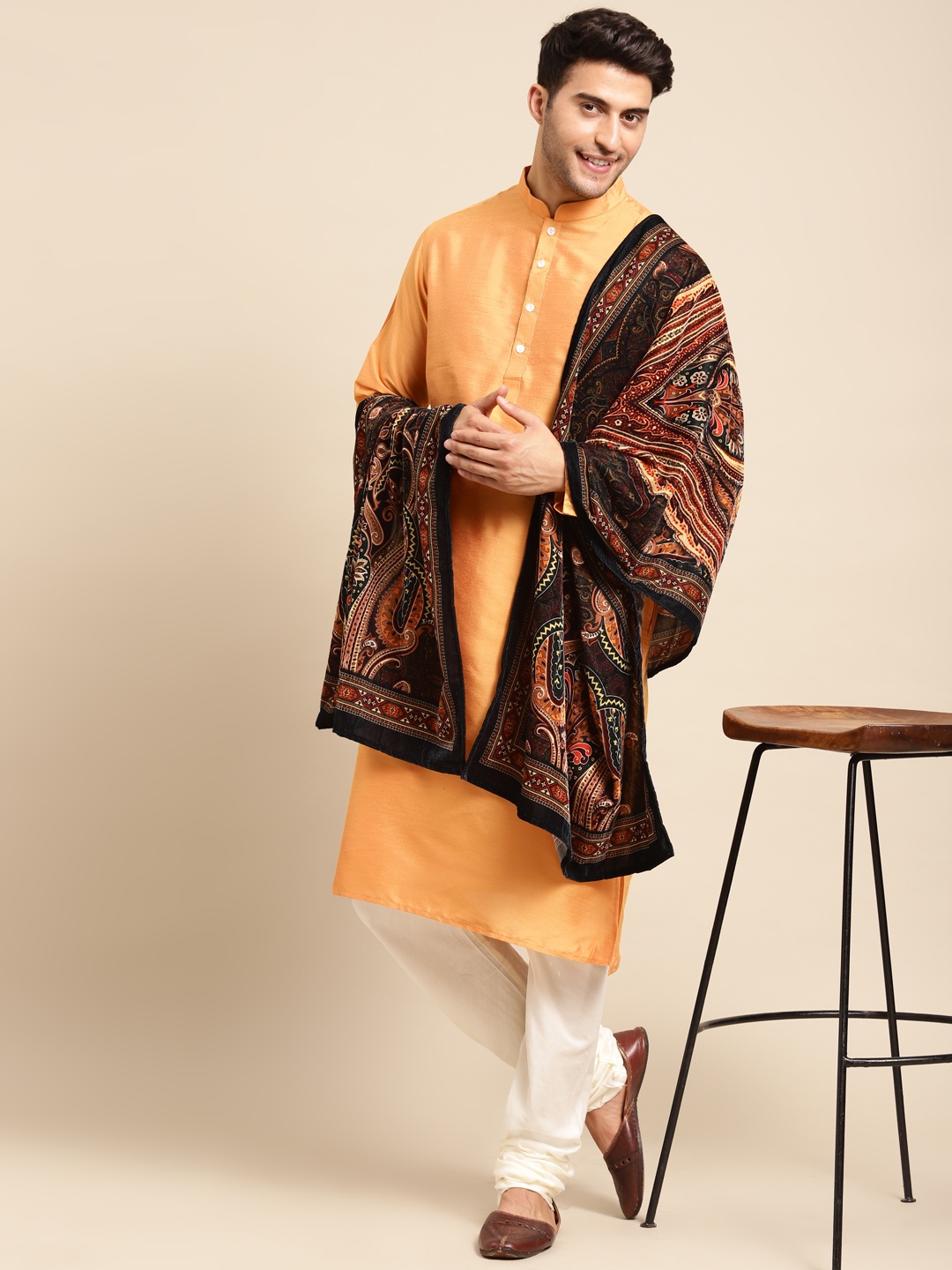 

KISAH Men Orange & White Kurta with Churidar & Shawl