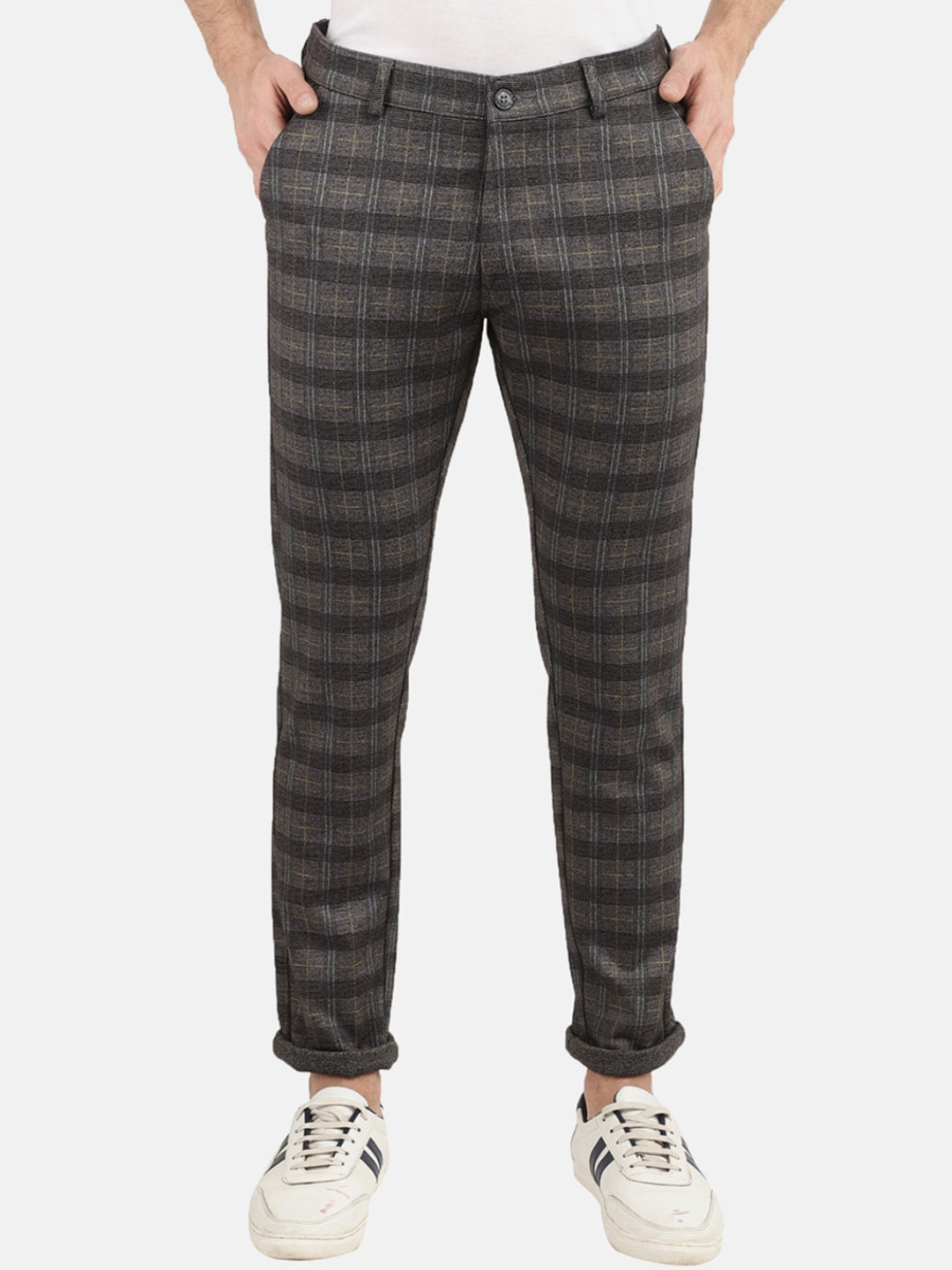 

V-Mart Men Grey Checked Slim Fit Easy Wash Trousers