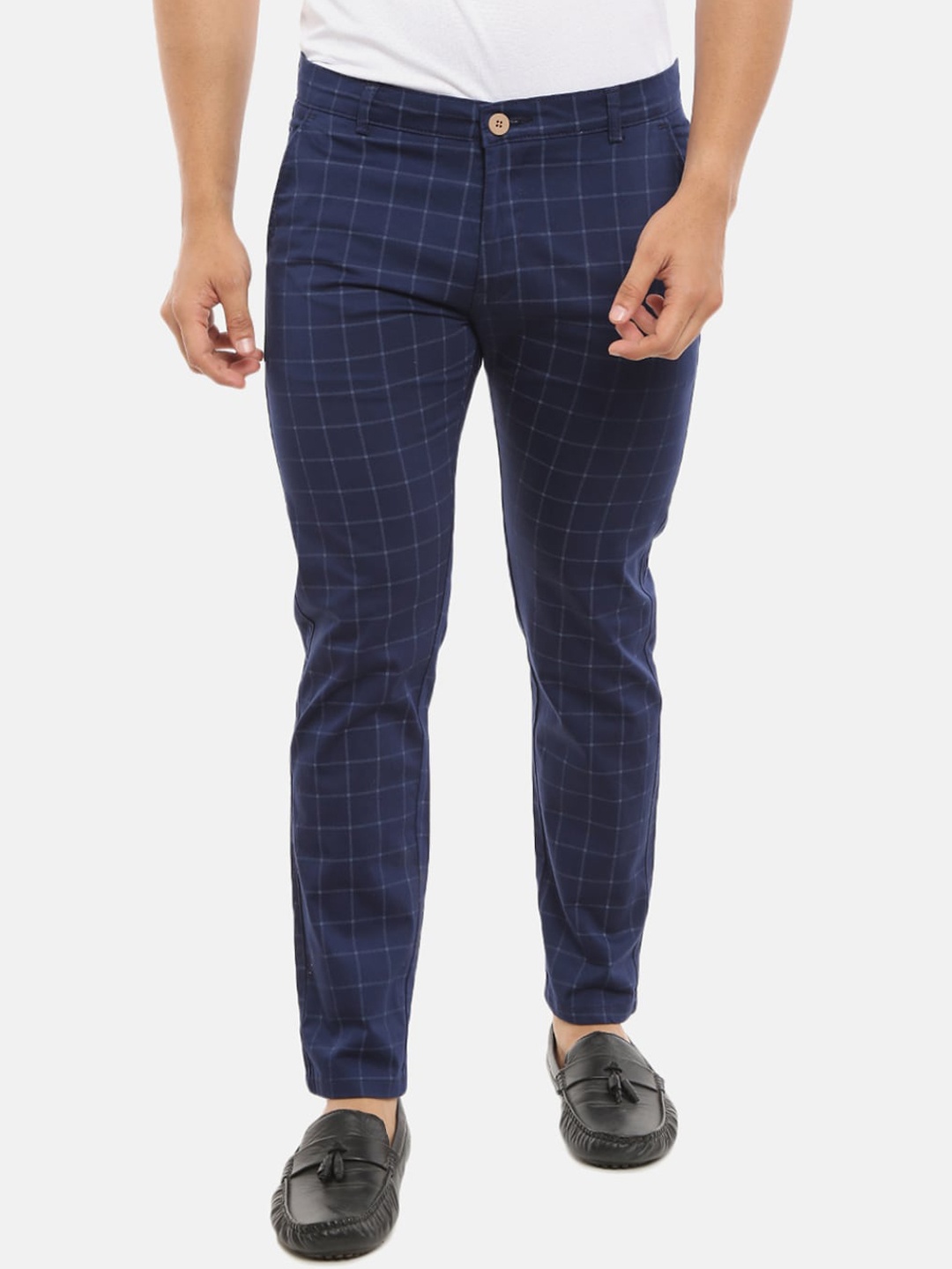 

V-Mart Men Blue Checked Slim Fit Easy Wash Trousers