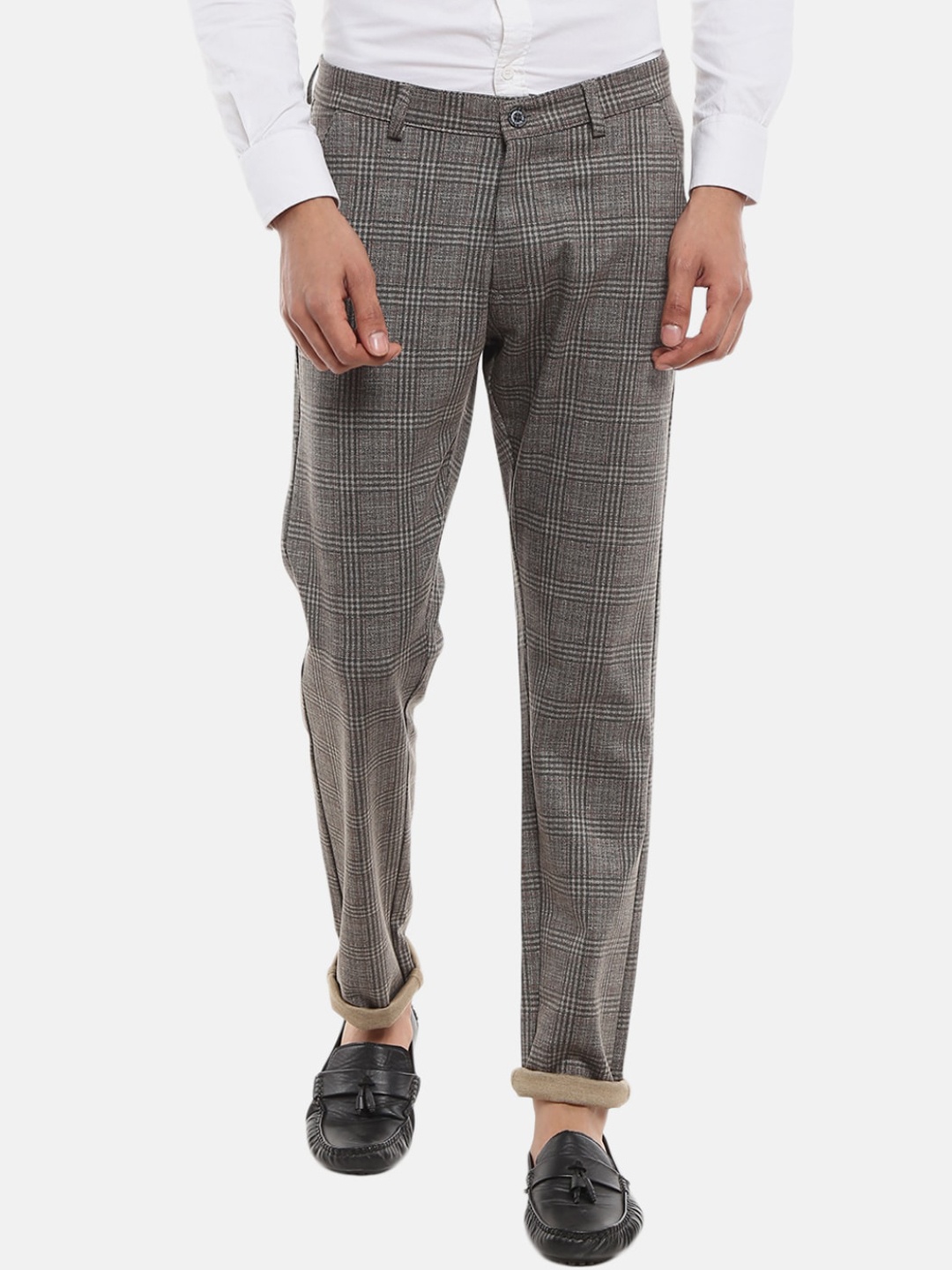 

V-Mart Men Grey Checked Slim Fit Easy Wash Cropped Trousers