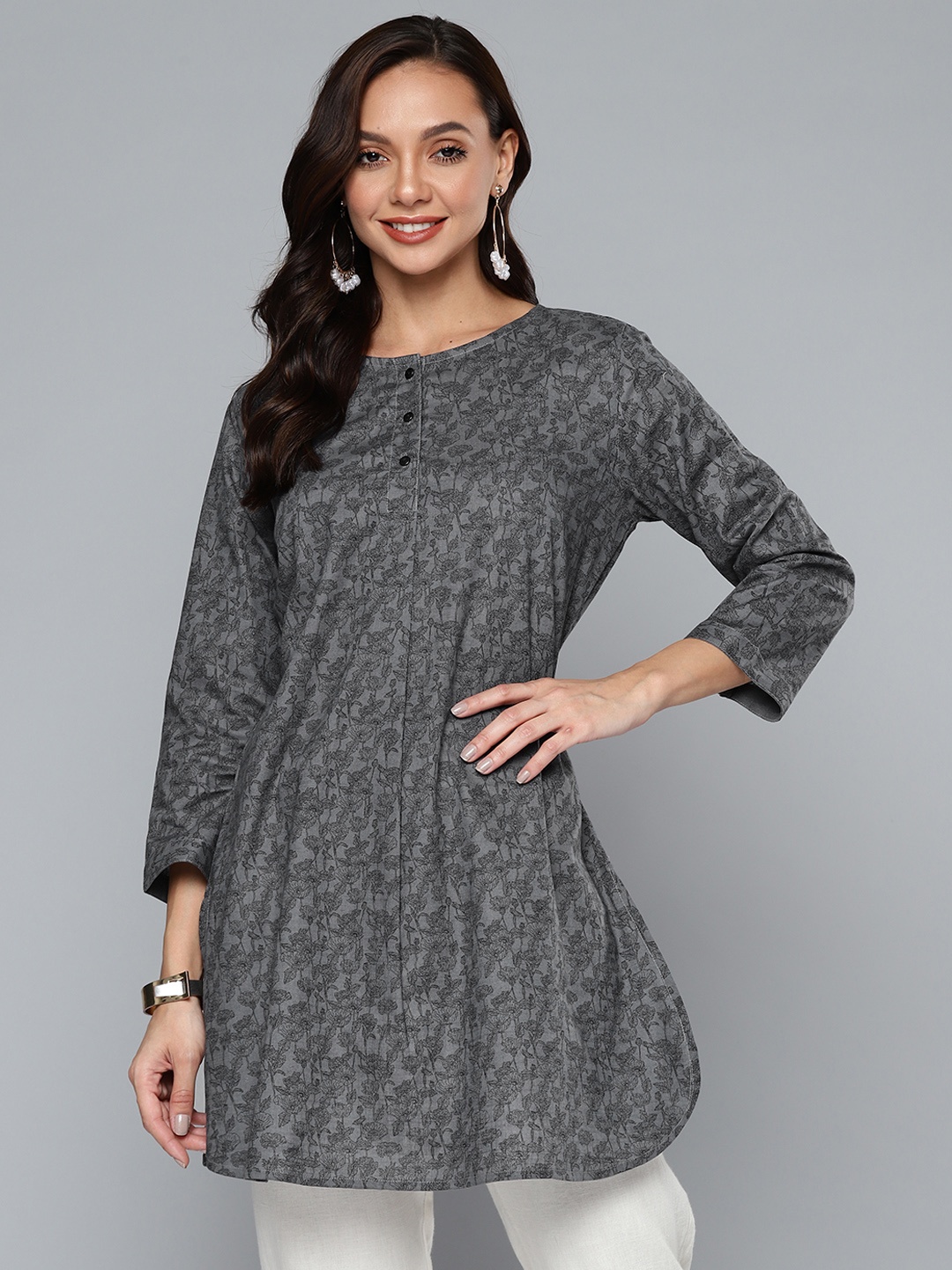 

HERE&NOW Grey & Black Ethnic Motifs Printed Pure Cotton Kurti