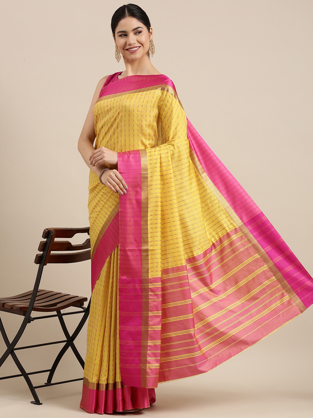 

Mitera Yellow & Pink Woven Design Banarasi Saree