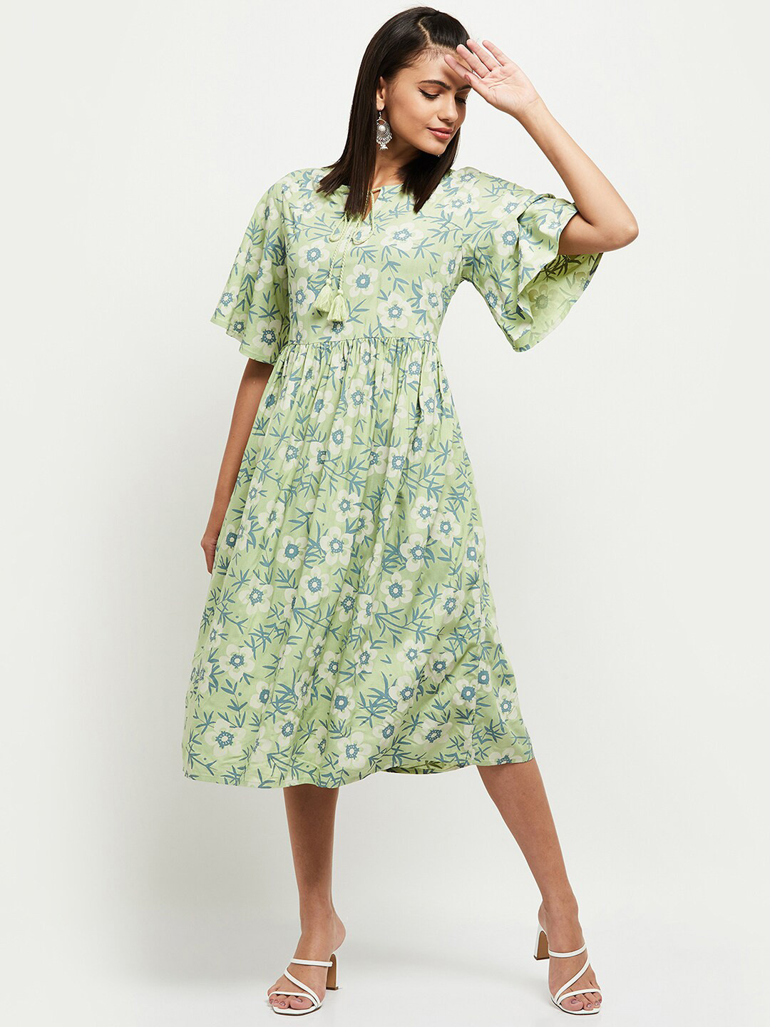 

max Green Floral A-Line Midi Dress