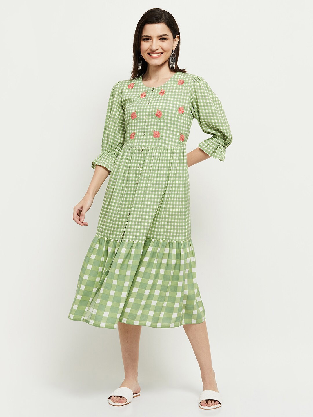 

max Green & White Checked A-Line Tiered Midi Dress