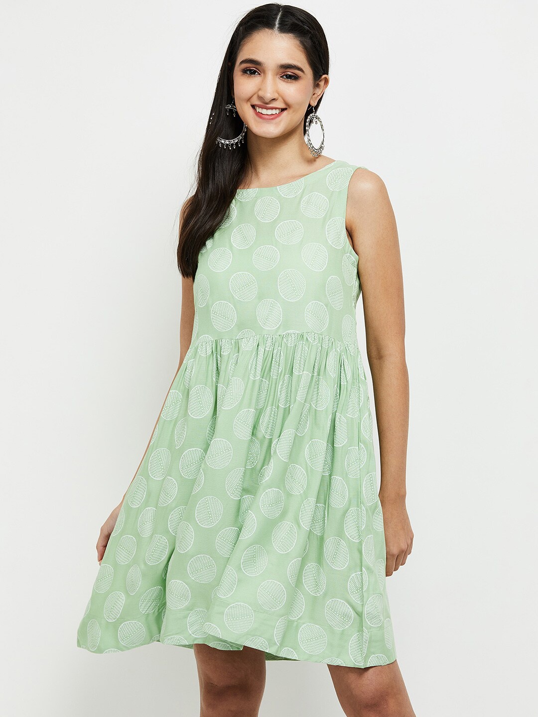

max Women Green & White Printed Fit & Flare Dress