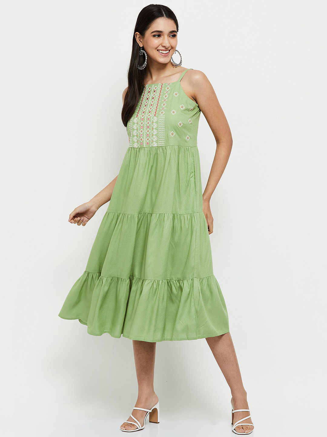 

max Green & White Ethnic Motifs Self Design Fit & Flare Midi Dress