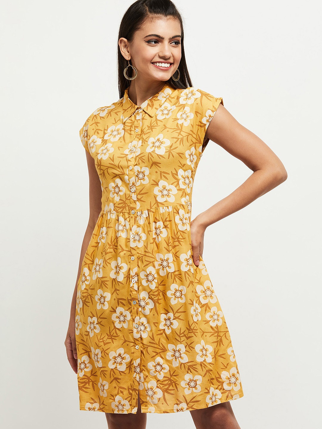 

max Mustard Yellow & White Floral Dress