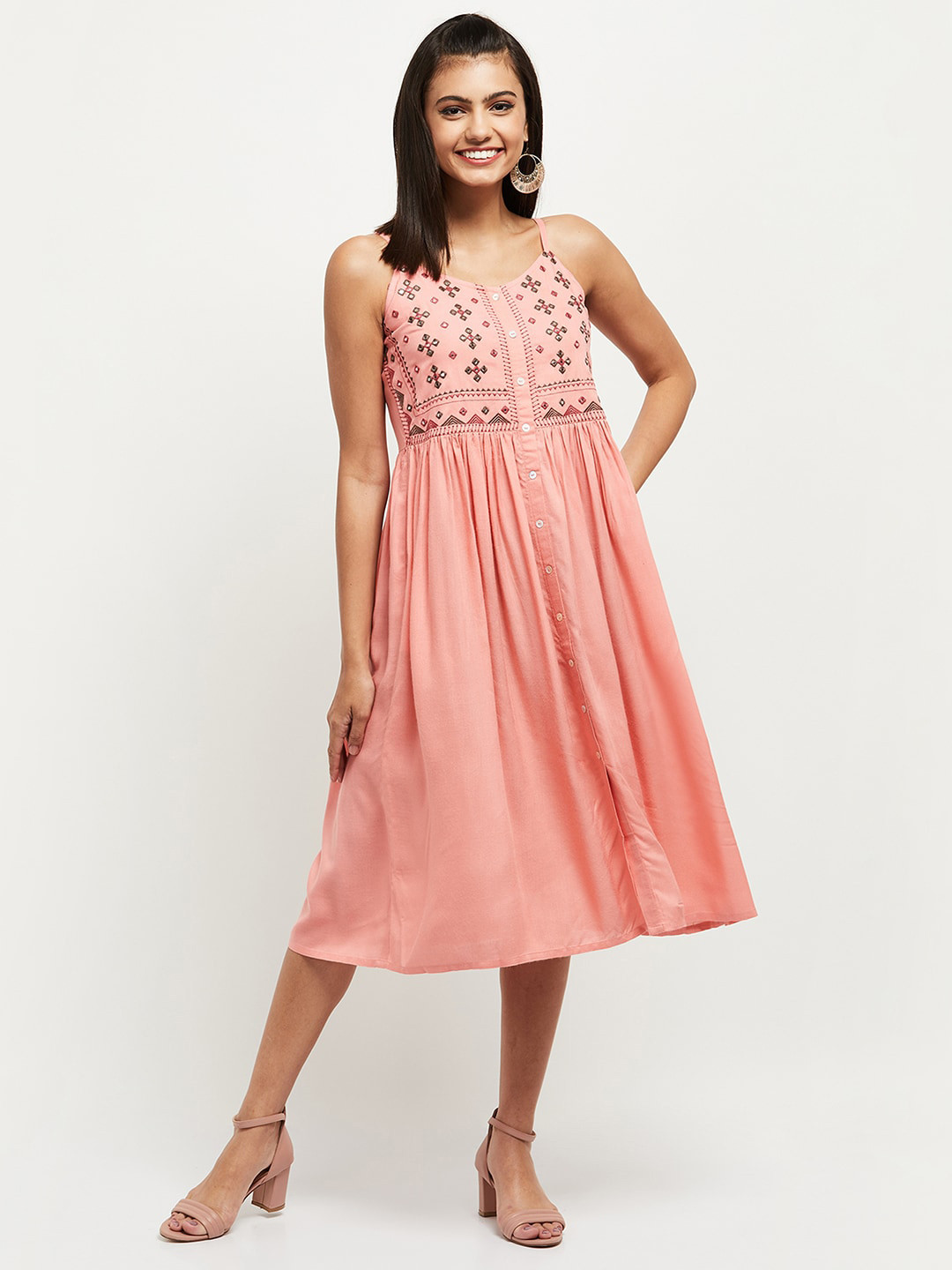 

max Pink Ethnic Motifs Embroidered Ethnic Midi Dress