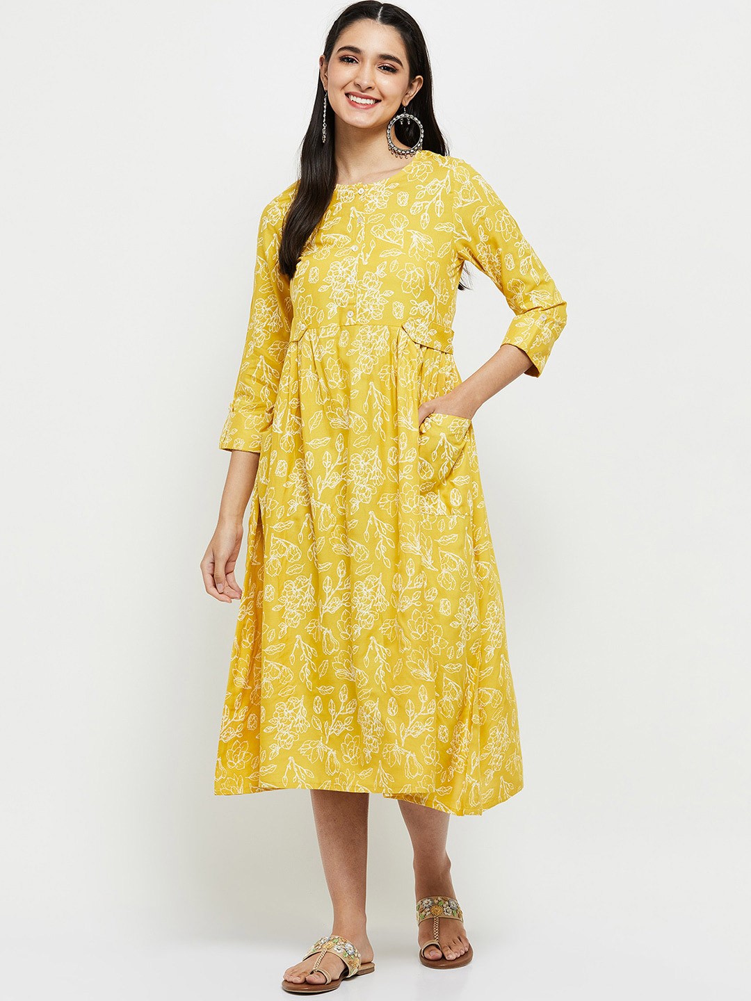 

max Mustard Yellow & White Floral A-Line Midi Dress
