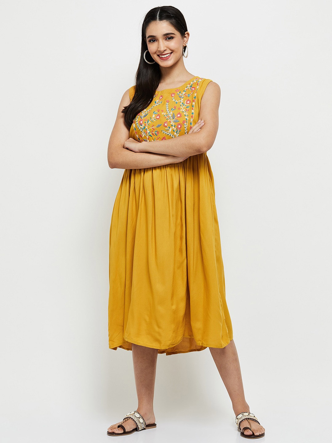 

max Mustard Yellow & Blue Floral Floral Embroidered Midi Dress