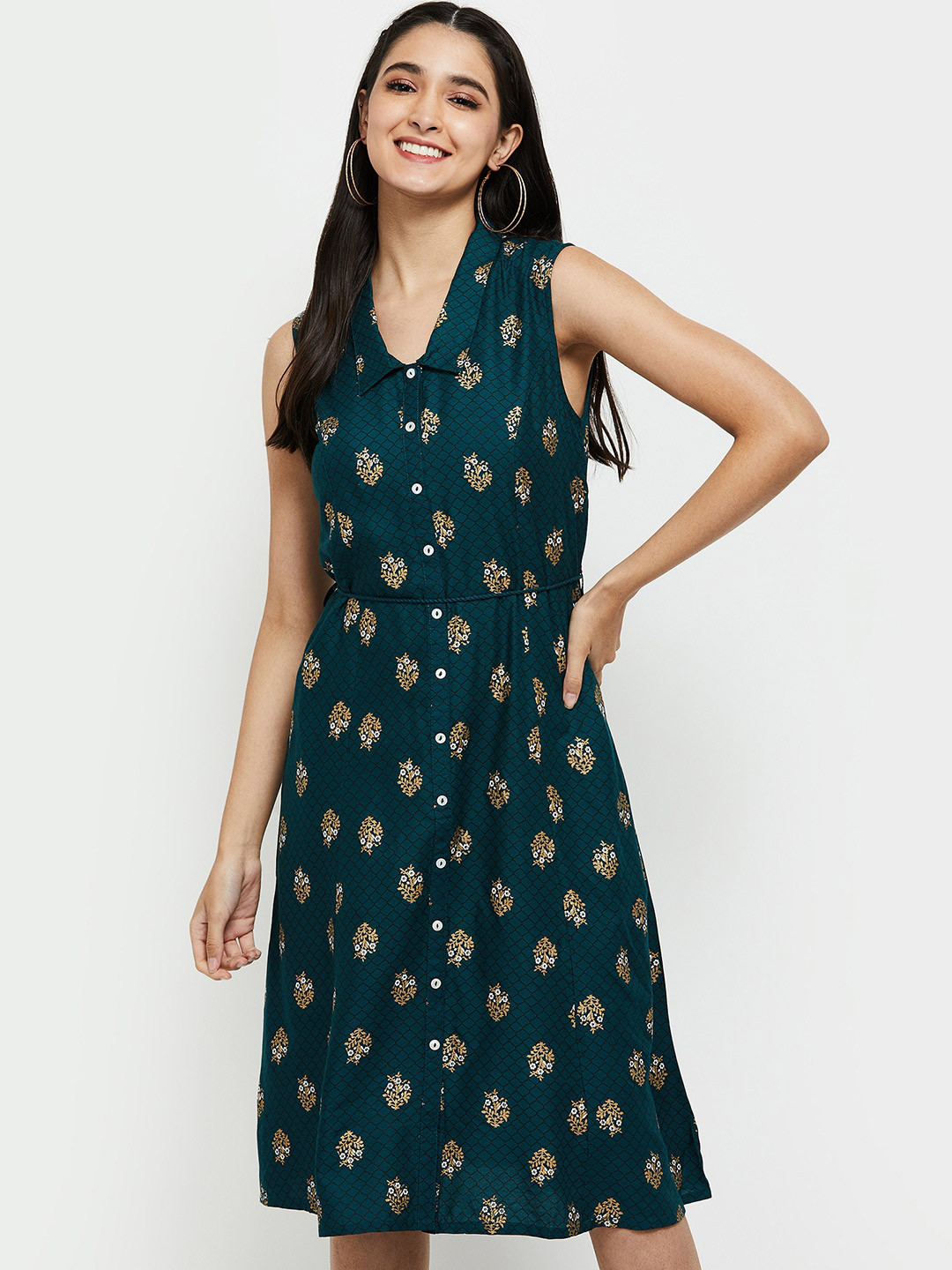 

max Teal Green & Golden Ethnic Motifs Ethnic A-Line Dress