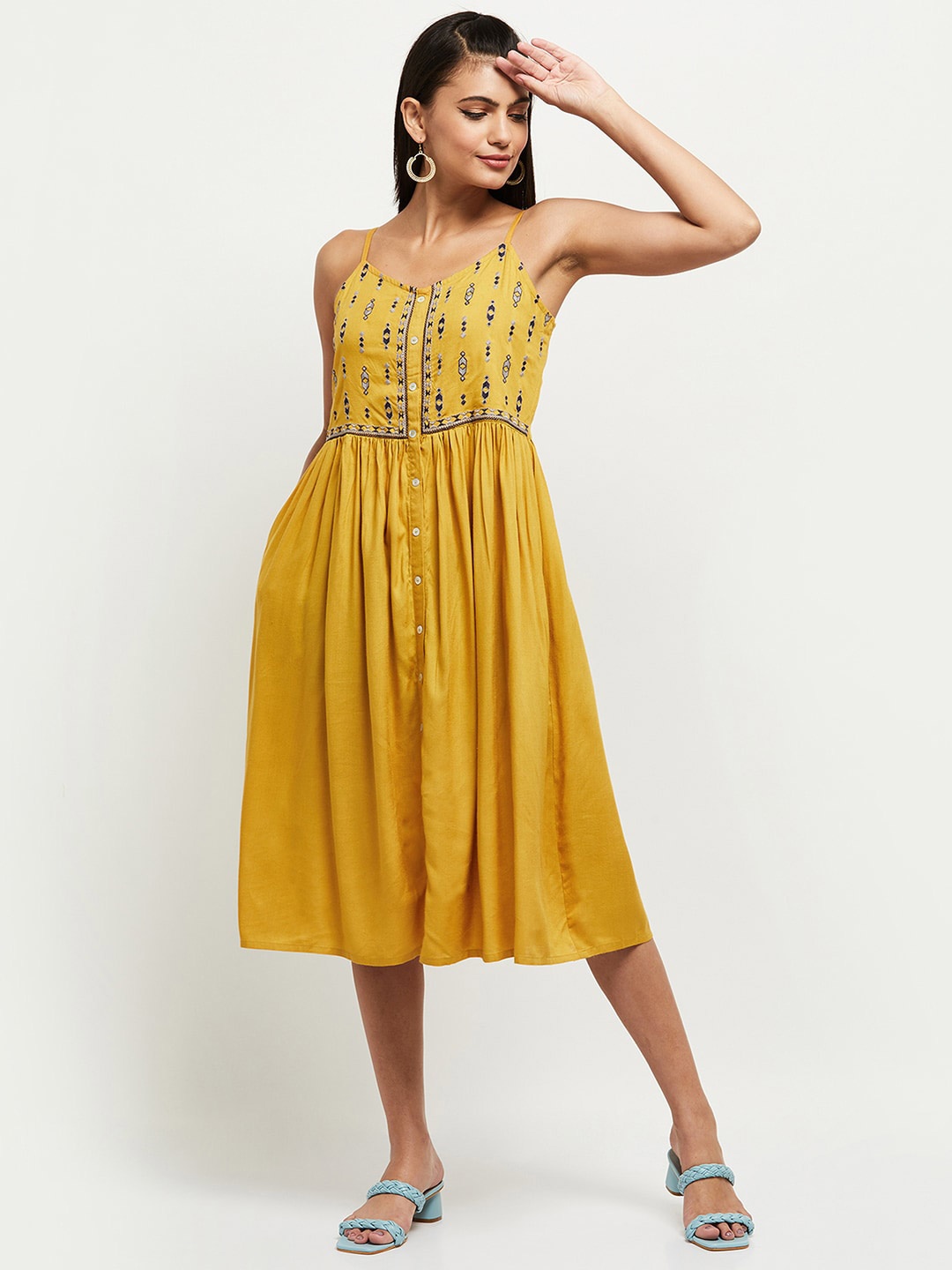 

max Mustard Yellow Floral Embroidered Midi Dress