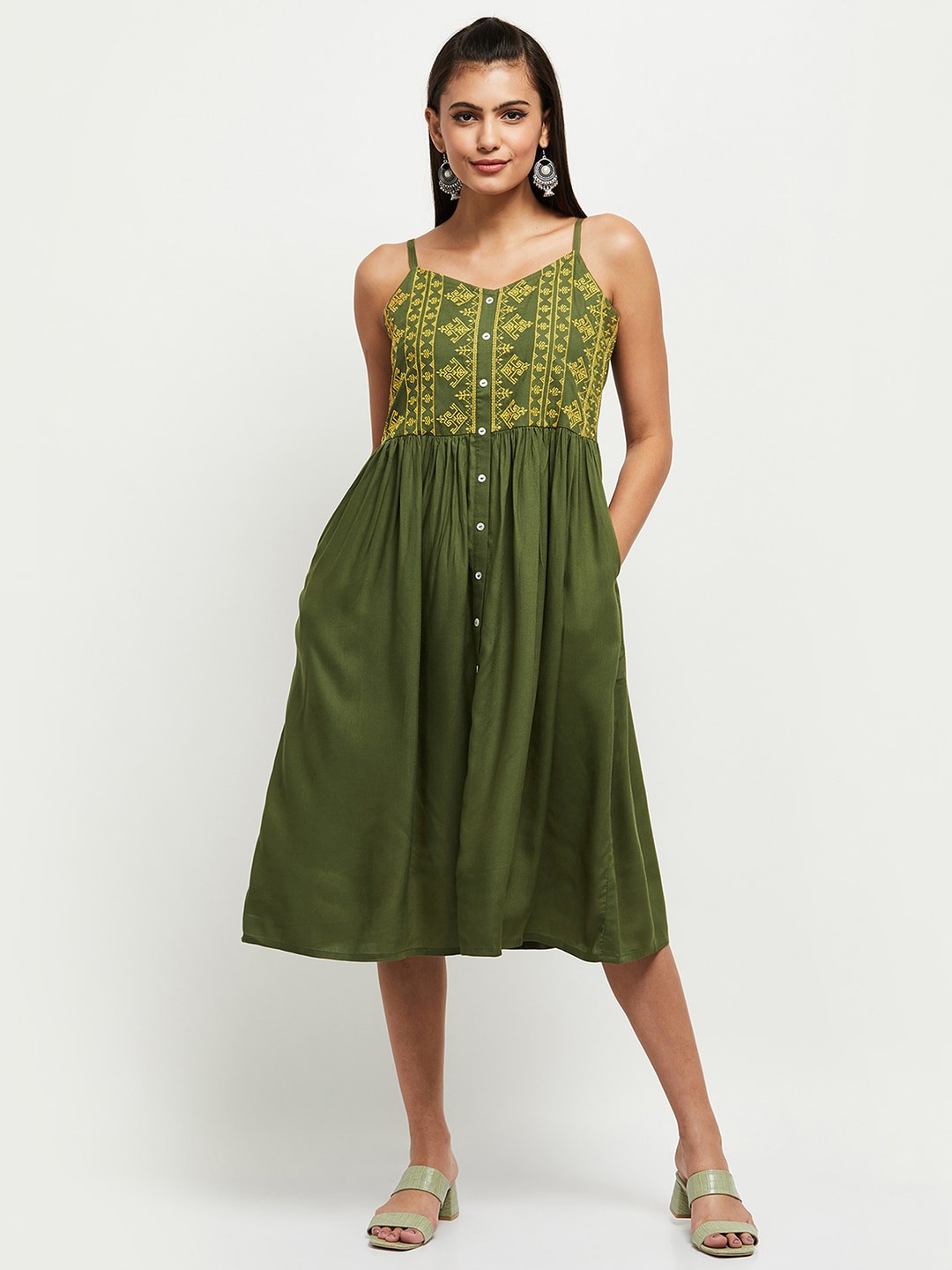 

max Green & Yellow Ethnic Motifs Embroidered A-Line Dress