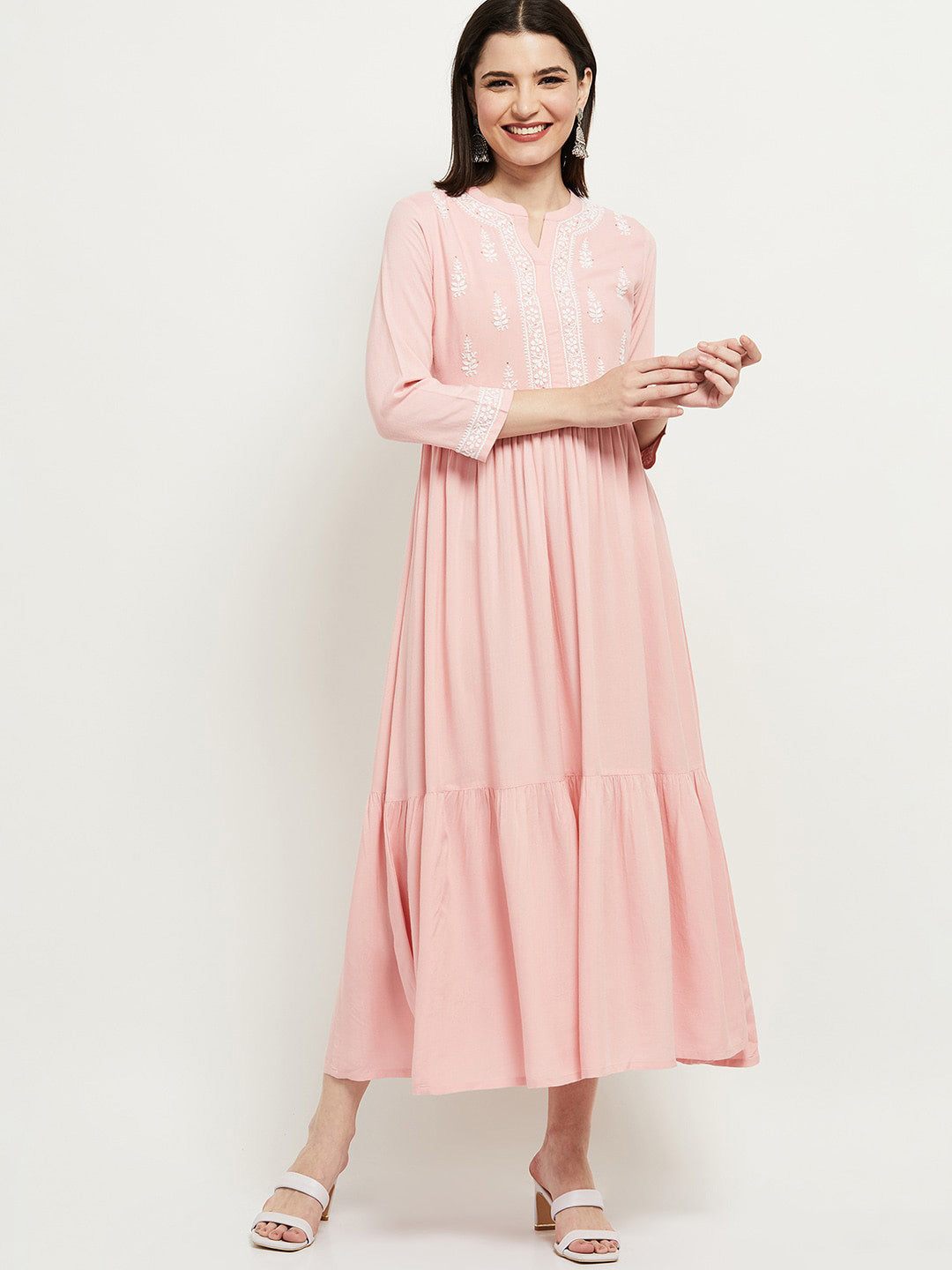 

max Pink & White Embroidered A-Line Midi Dress