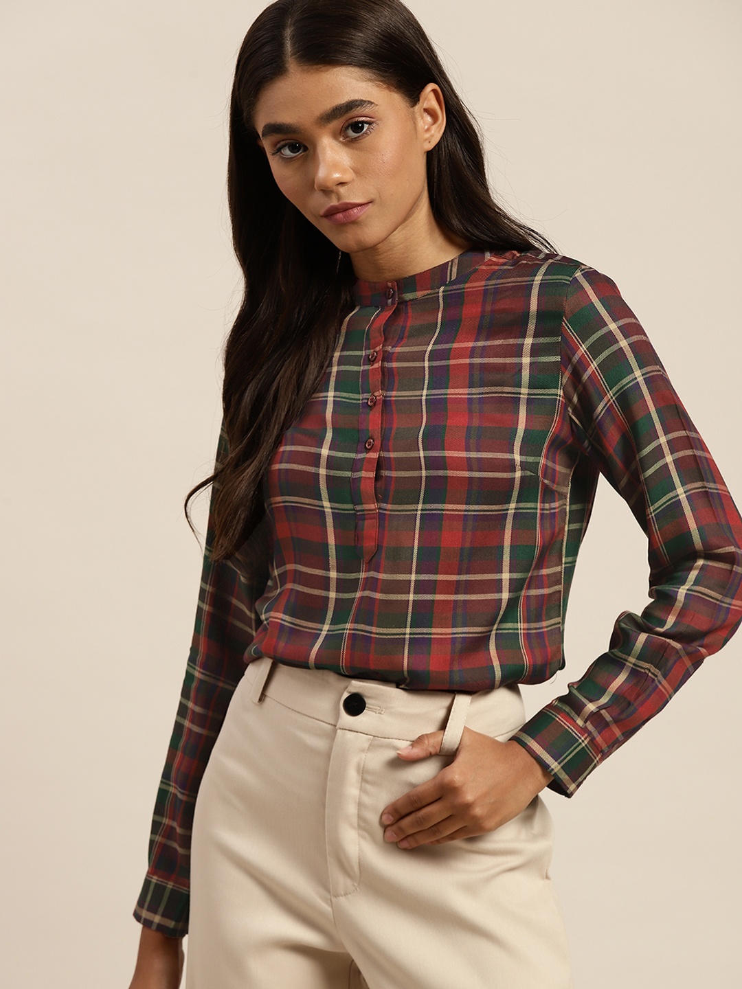 

Hancock Women Maroon & Green Checked Mandarin Collar Smart Casual Top
