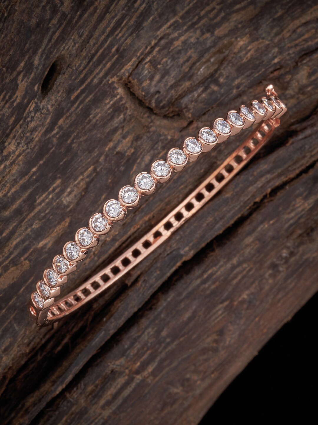 

Kushal's Fashion Jewellery Women Rose Gold & White Cubic Zirconia Rose Gold-Plated Kada Bracelet