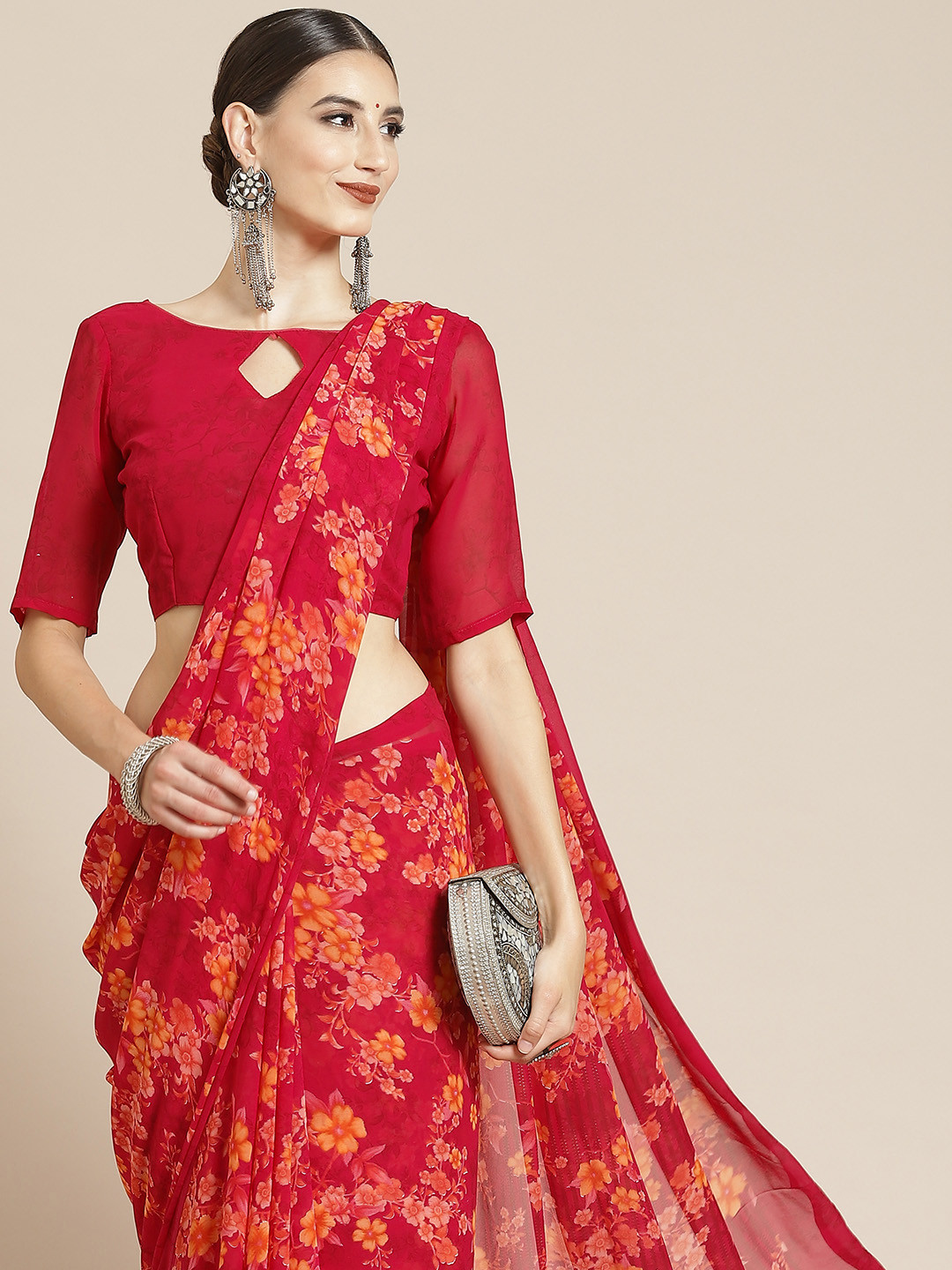 

Satrani Fuchsia Pink & Yellow Floral Saree