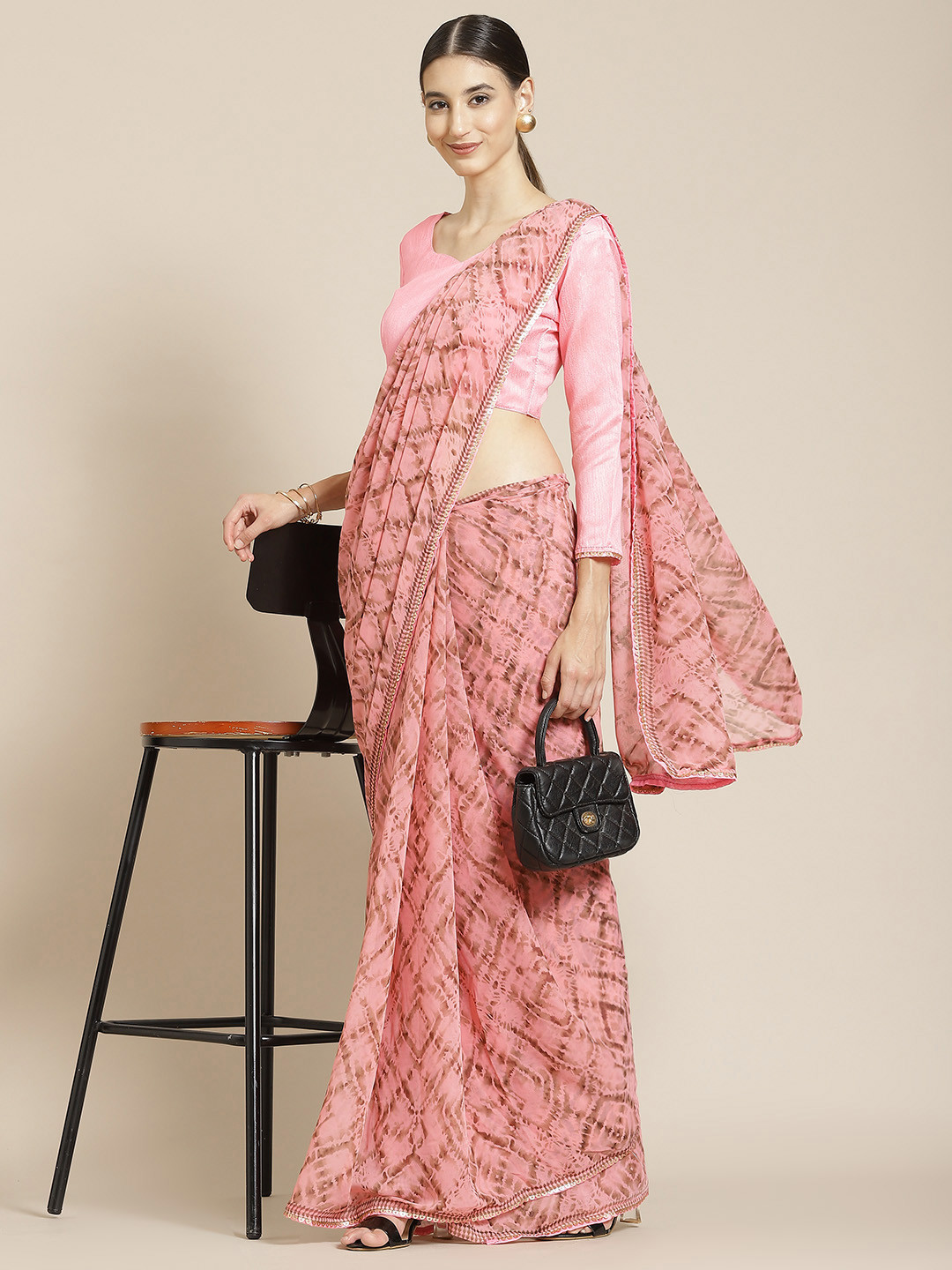 

Satrani Pink & Brown Printed Saree