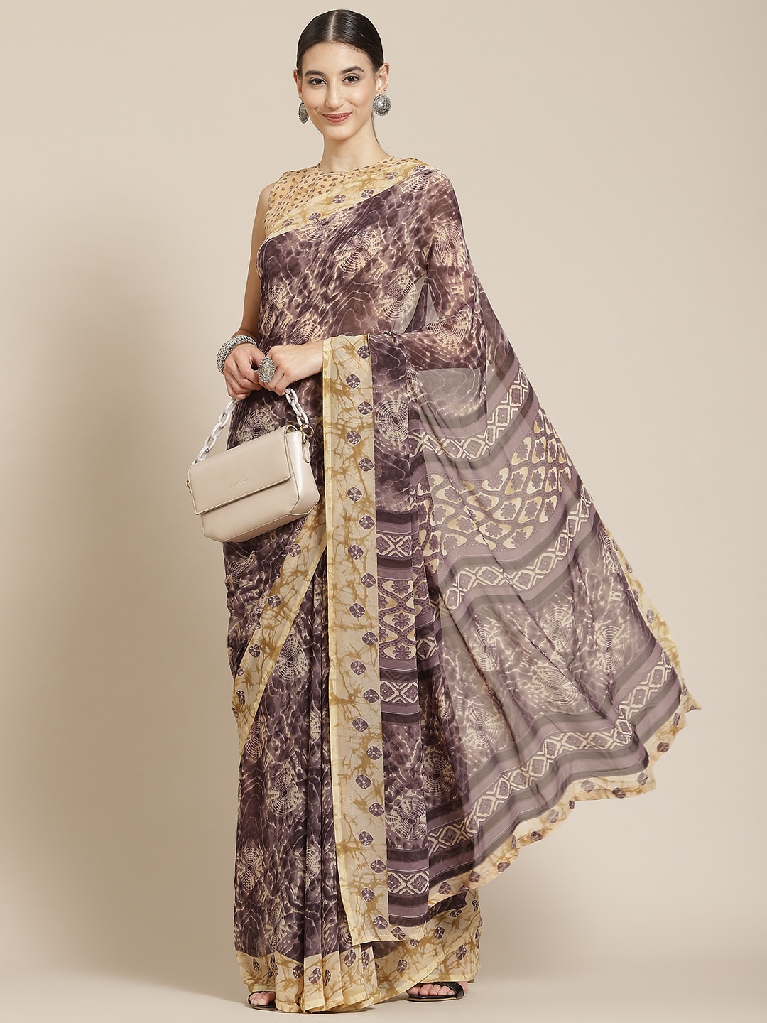 

Satrani Purple & Beige Printed Saree
