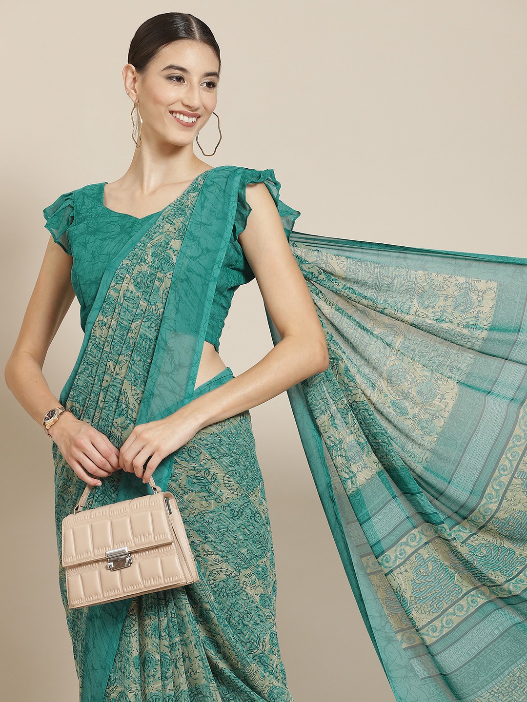 

Satrani Turquoise Blue & Beige Printed Saree