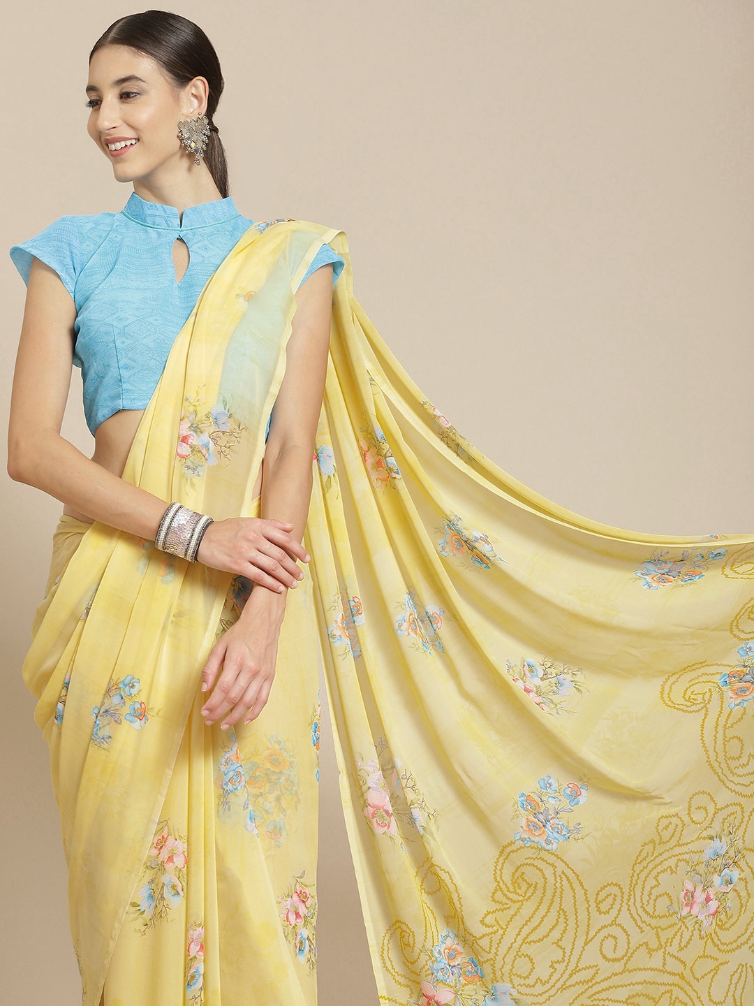 

Satrani Yellow & Blue Floral Saree