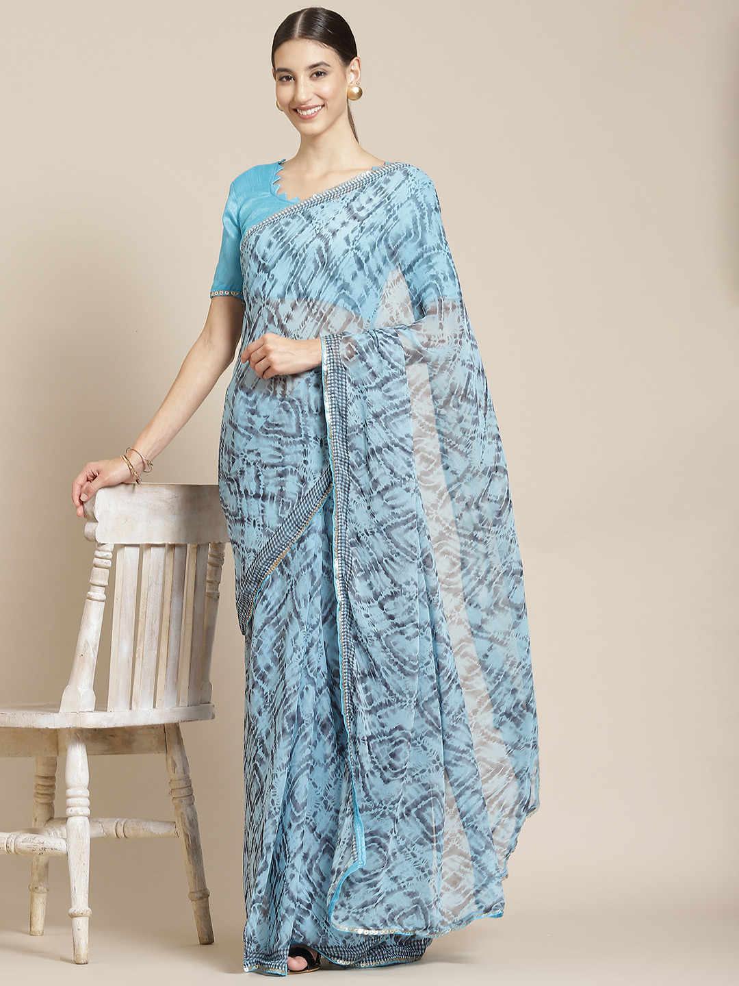 

Satrani Blue & Grey Printed Saree