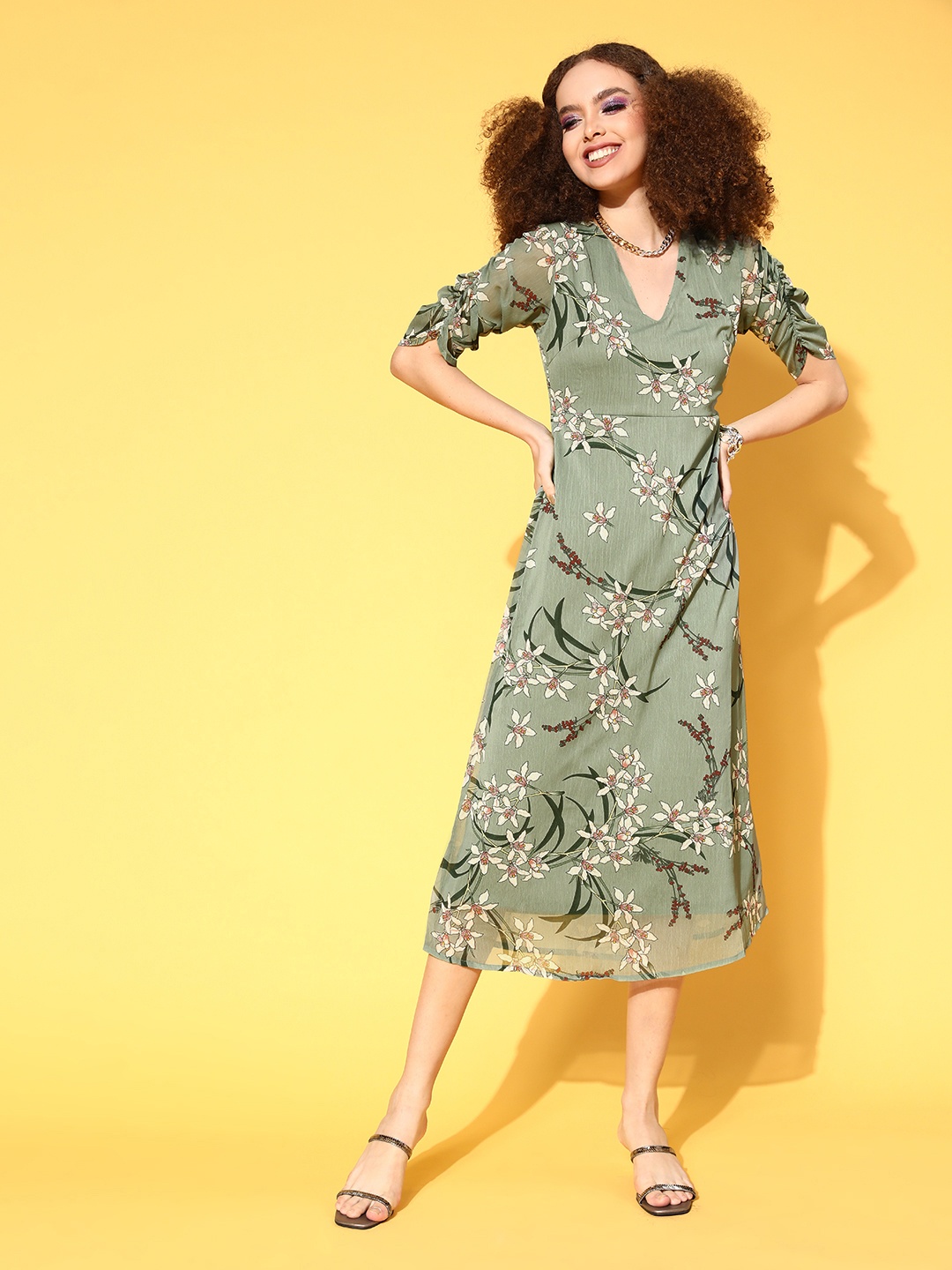 

plusS Women Green Floral Volume Play Dress