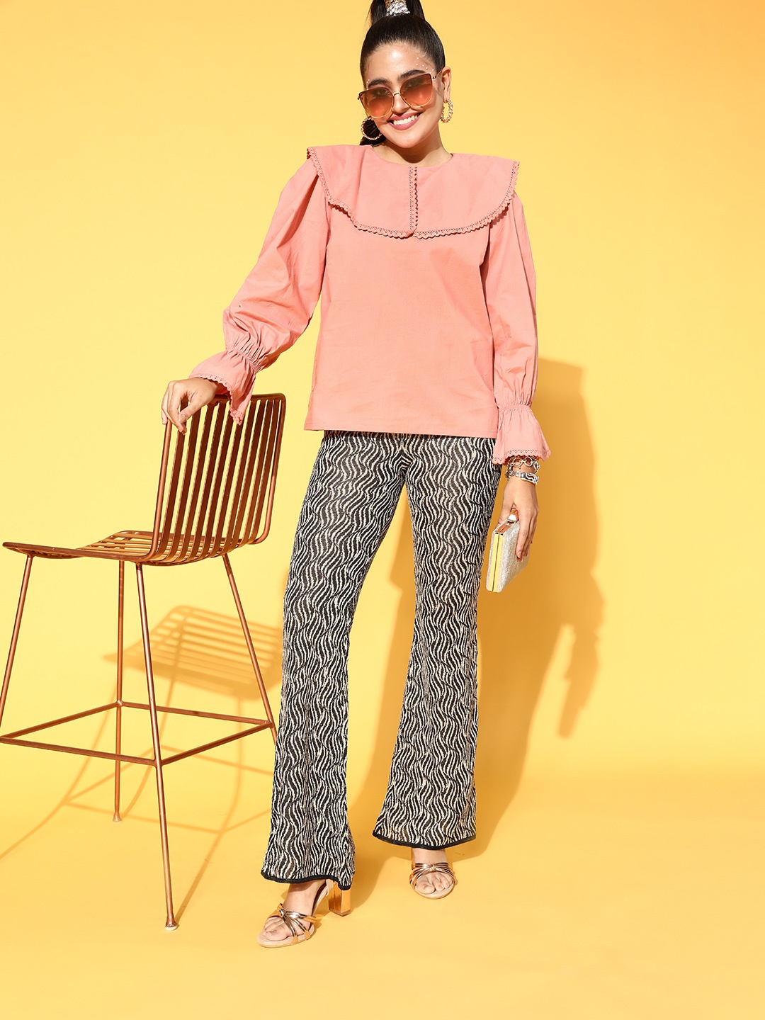

plusS Peach Solid Zoom Friendly Collar Top