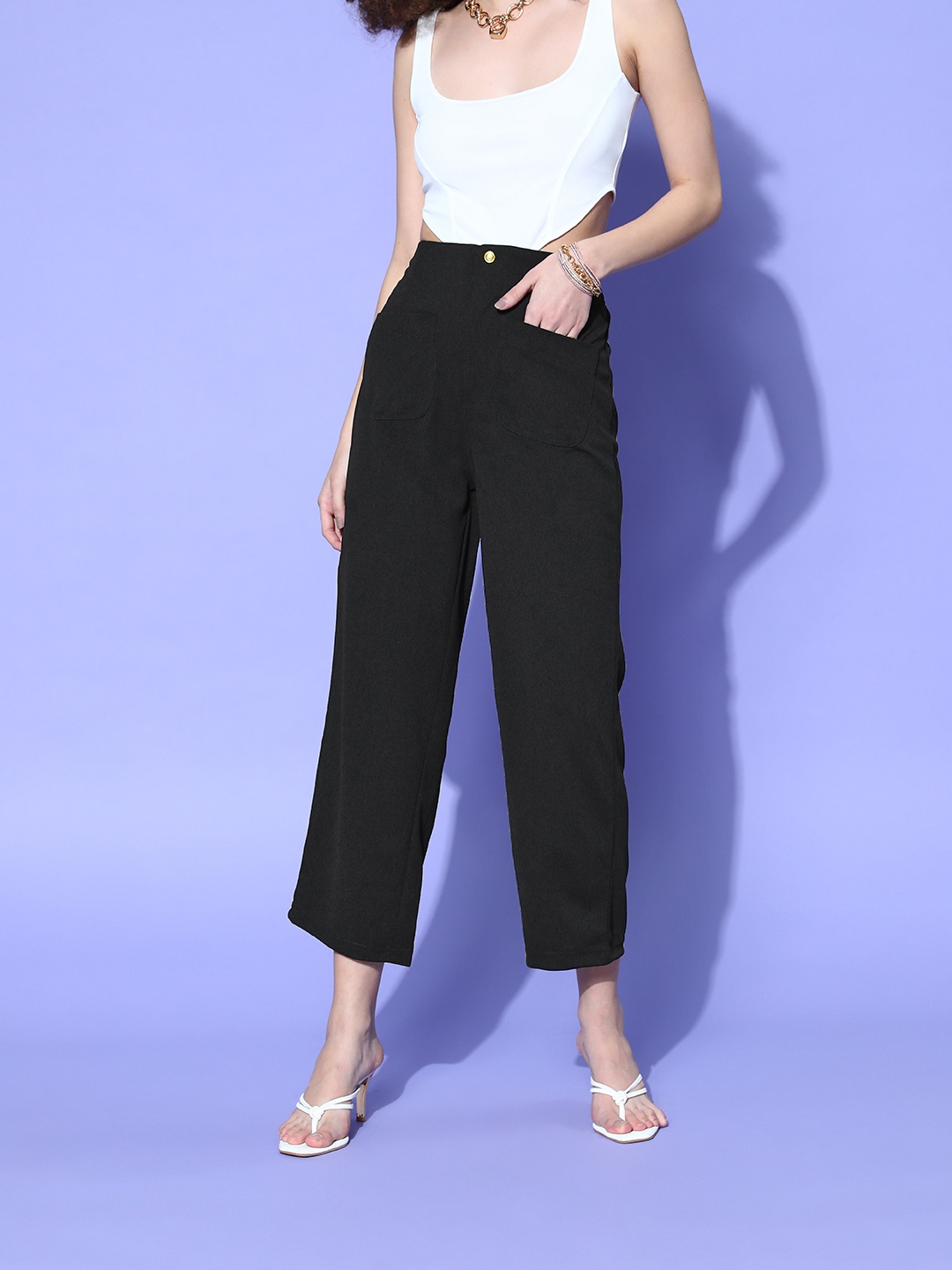

plusS WORX Women Stunning Black Solid Volume Play Trousers