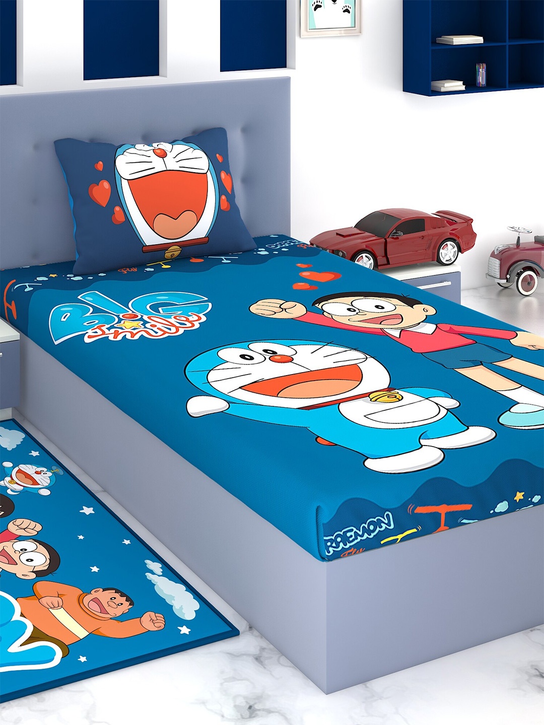 

Athom Trendz Blue & Red Cartoon Characters 180 TC Single Bedsheet with 1 Pillow Covers