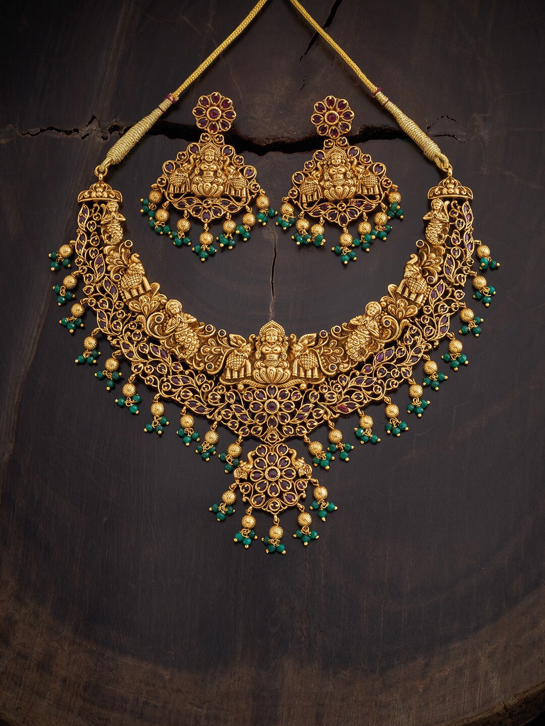 

Kushal's Fashion Jewellery Red & Green Gold-Plated Antique Necklace and Earrings