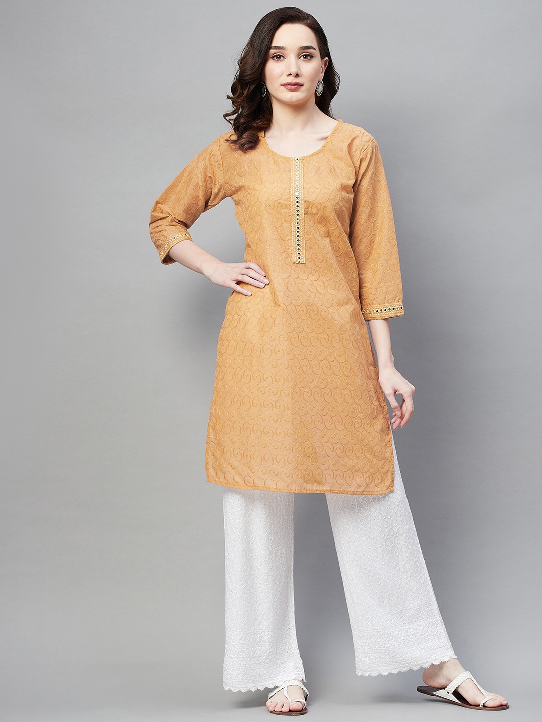 

Aarika Women Peach-Coloured Ethnic Motifs Embroidered Mirror Work Cotton Straight Kurta
