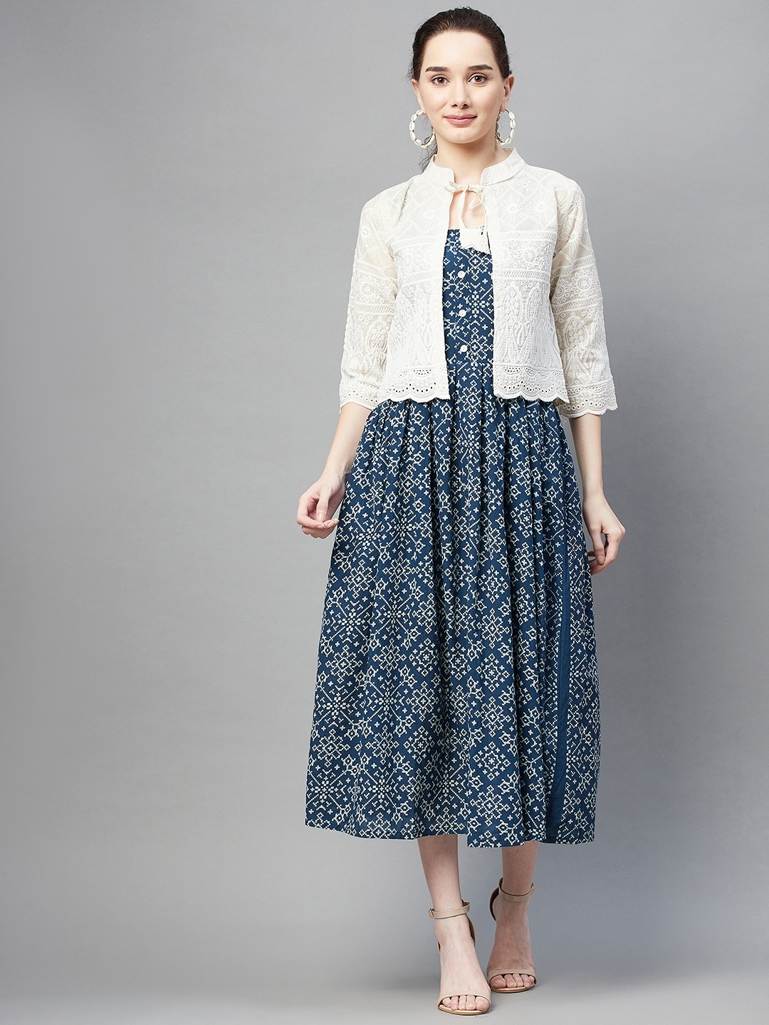 

Aarika Women Blue & White Pure Cotton Geometric Print Fit & Flare Dress with Shrug